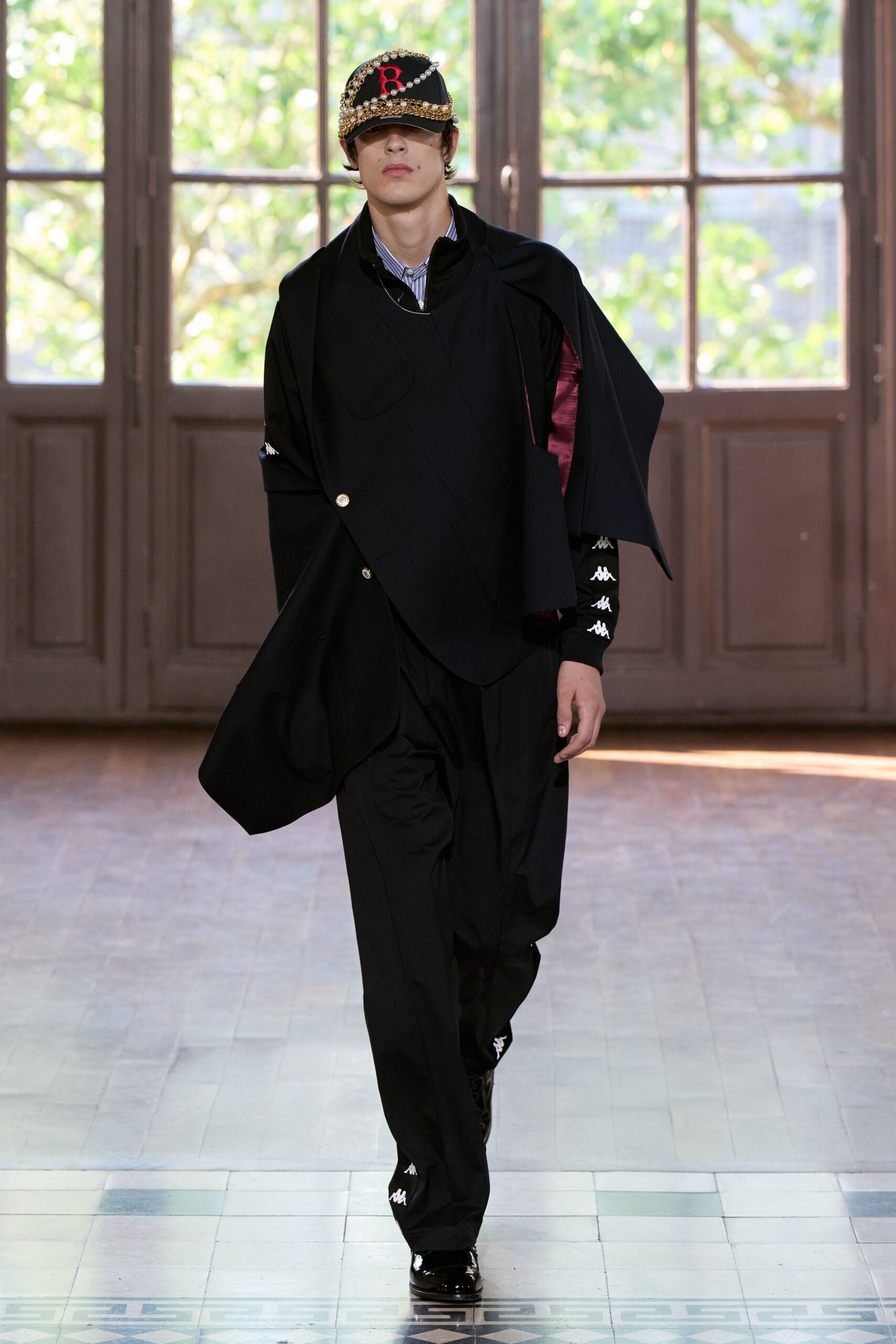 black wool tailored straight-leg pants
