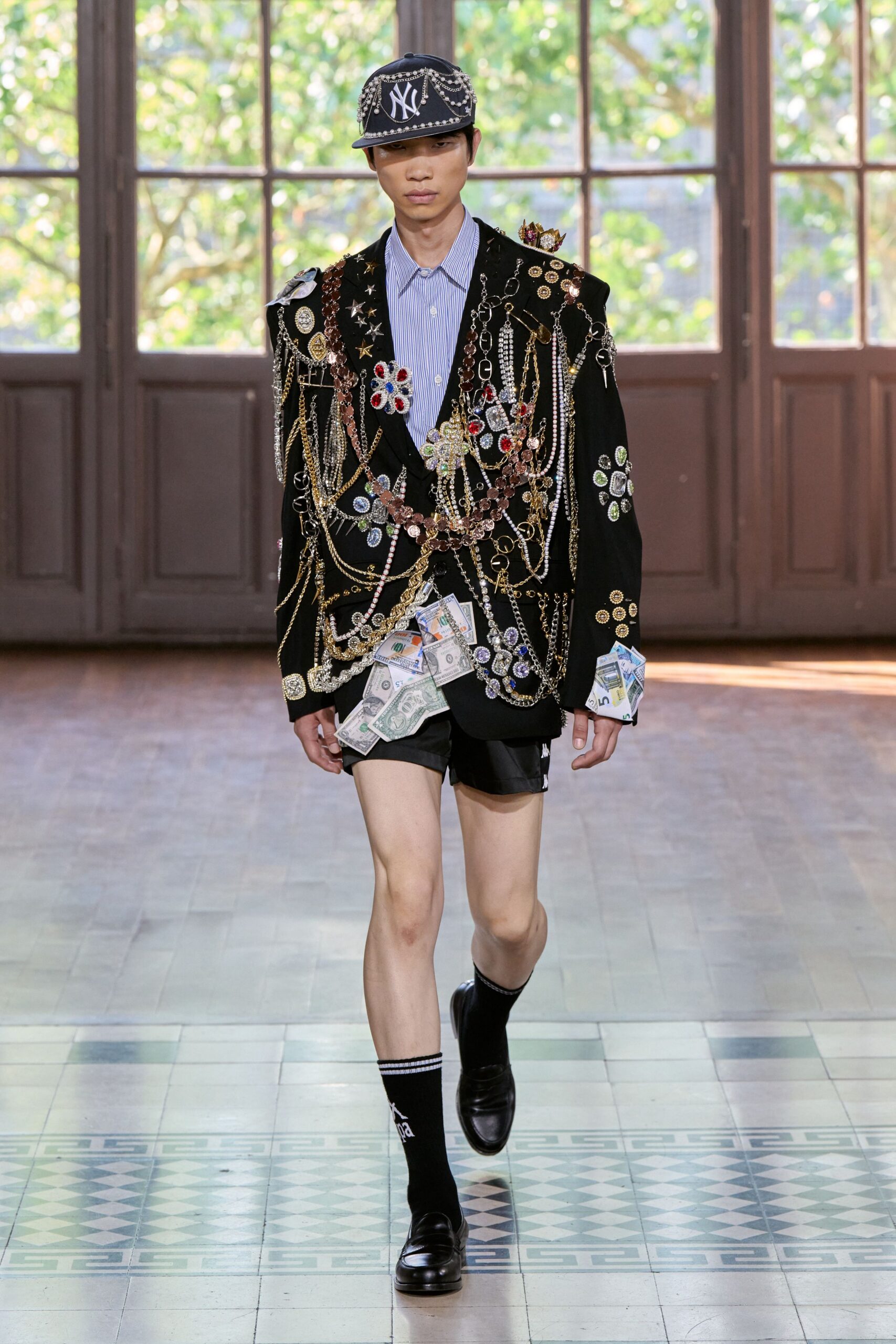black embroidered jacket with shorts