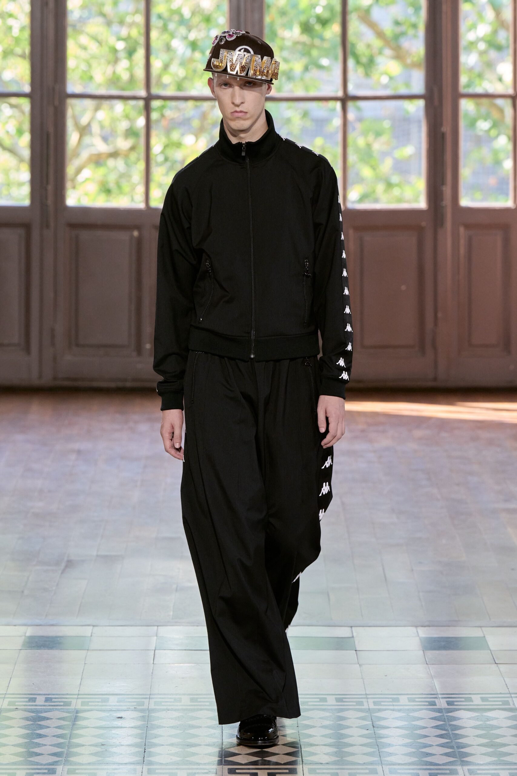 black fitted jacket with wide-leg pants