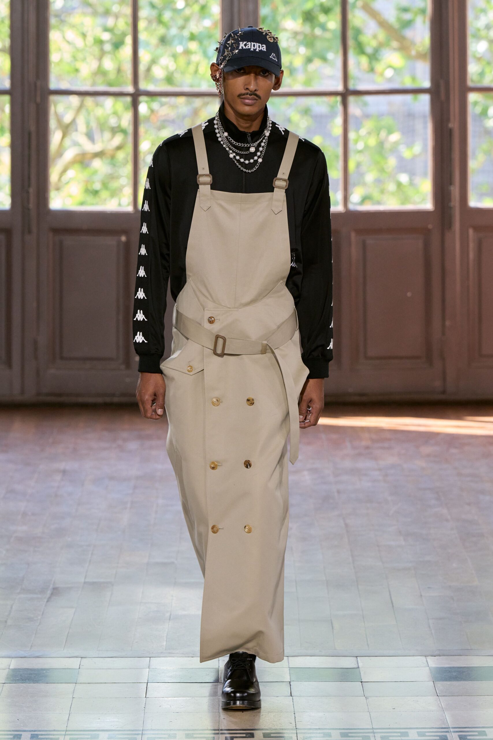beige relaxed jumpsuit with cap