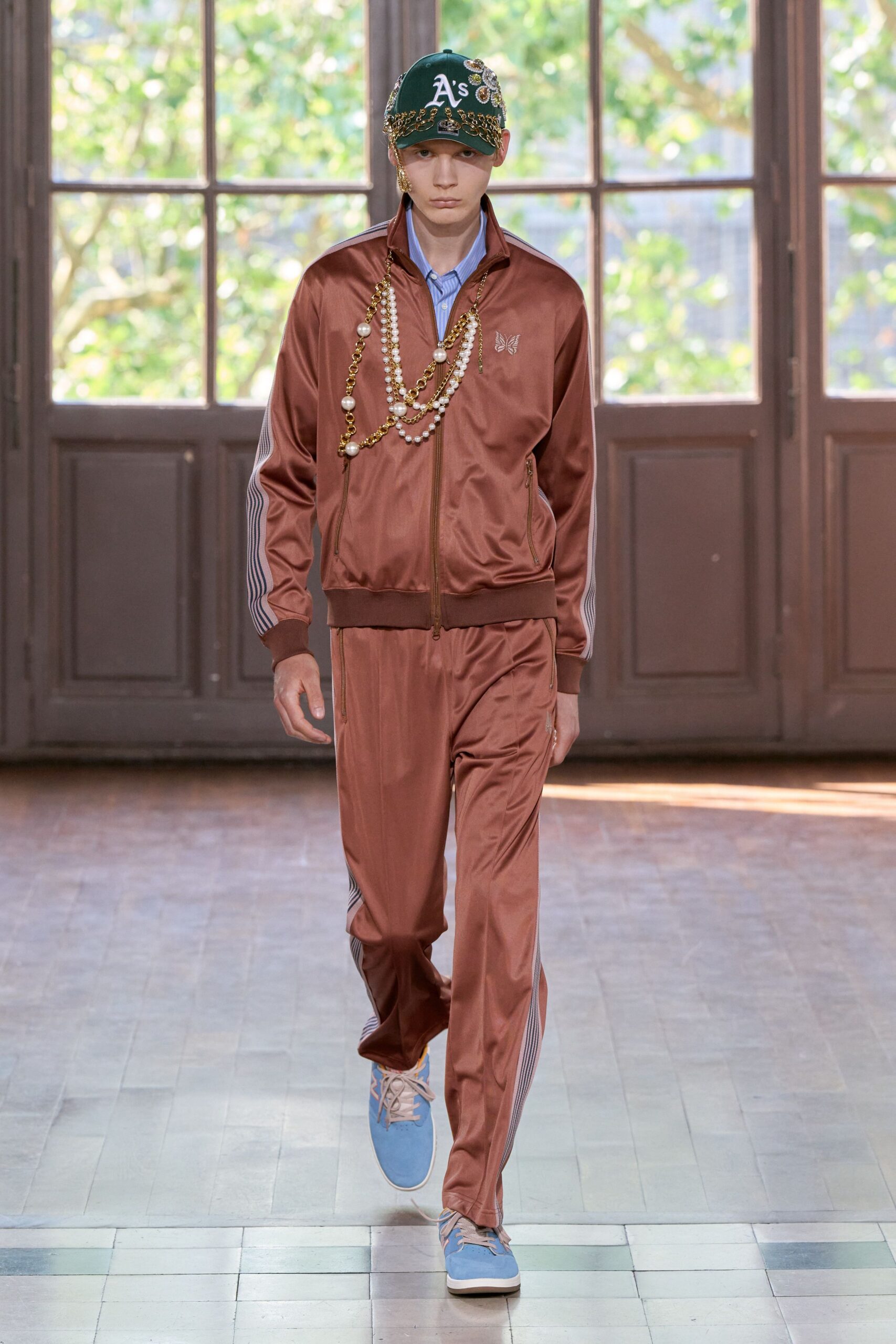 brown satin long-sleeve collared fitted zippered jacket