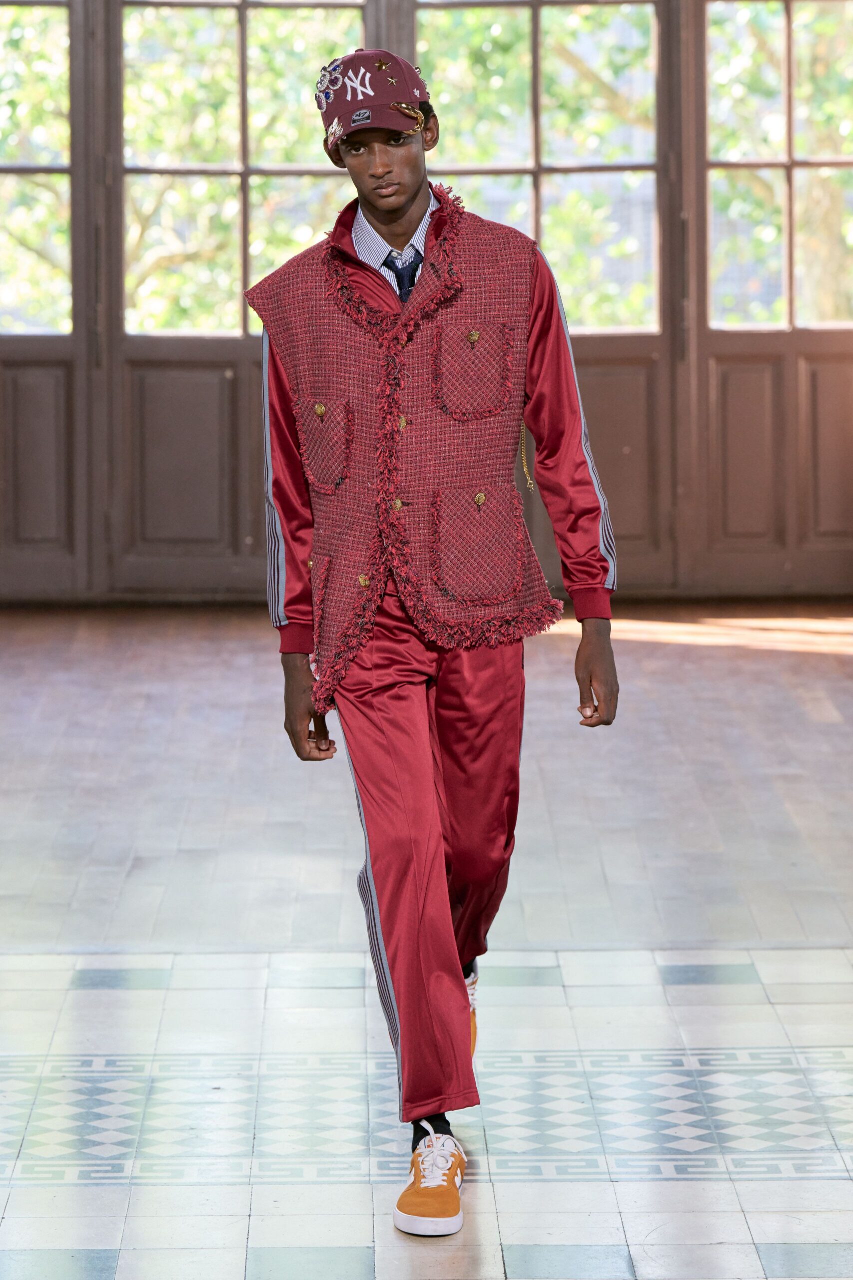 red cotton vest with satin pants