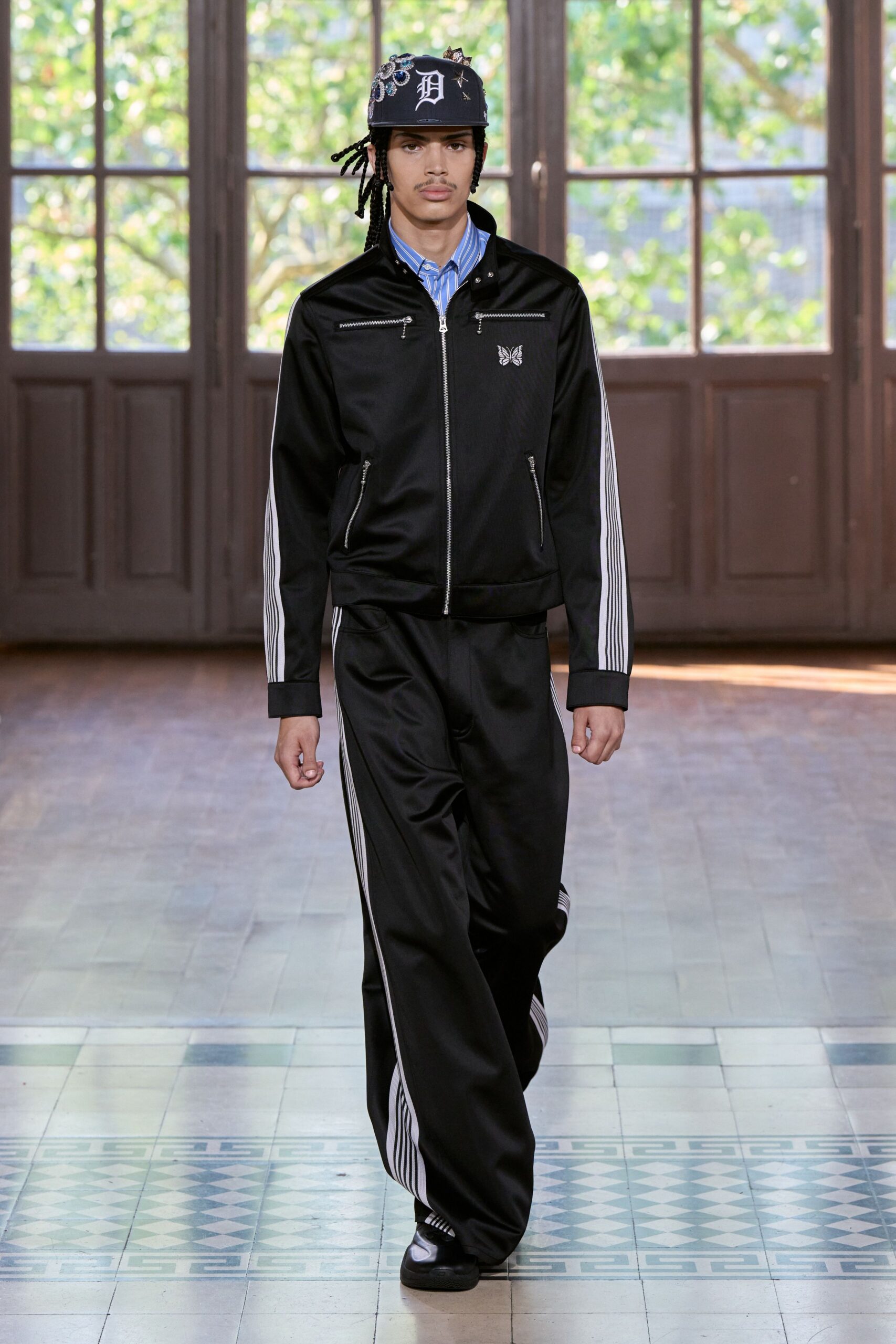 black fitted jacket with relaxed pants