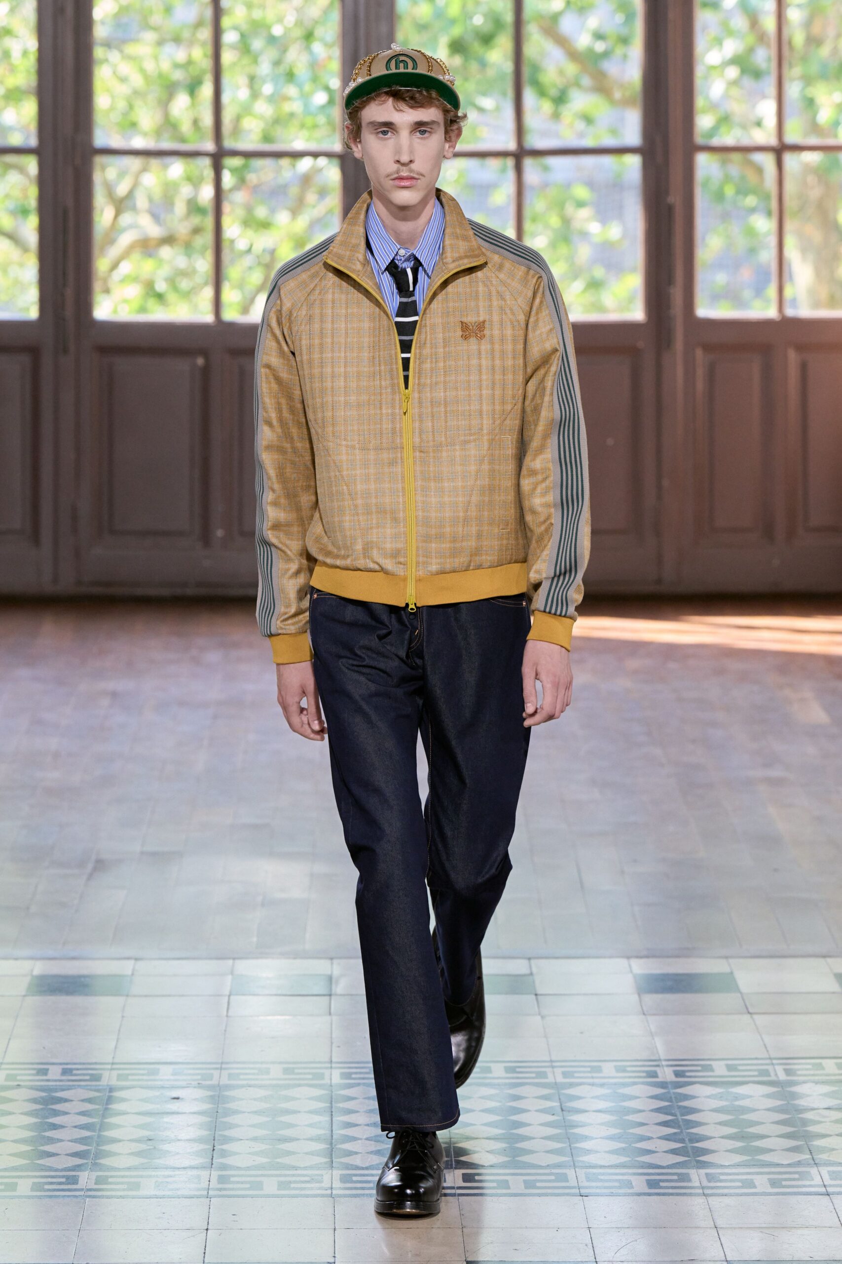 yellow checked jacket with blue shirt