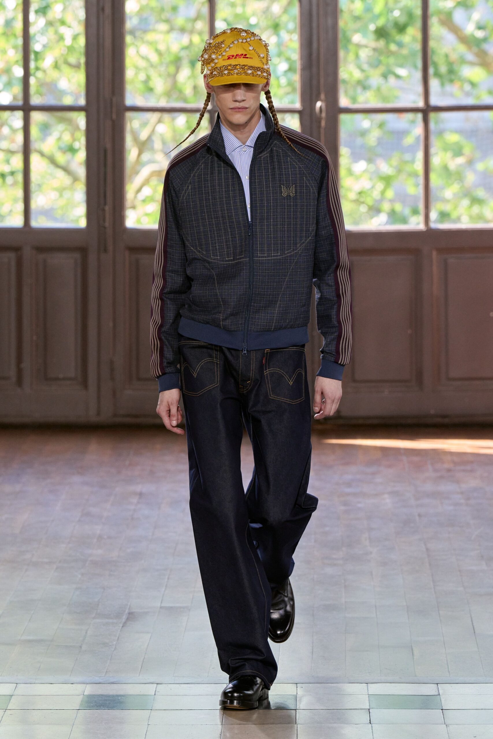 blue denim jacket with relaxed pants