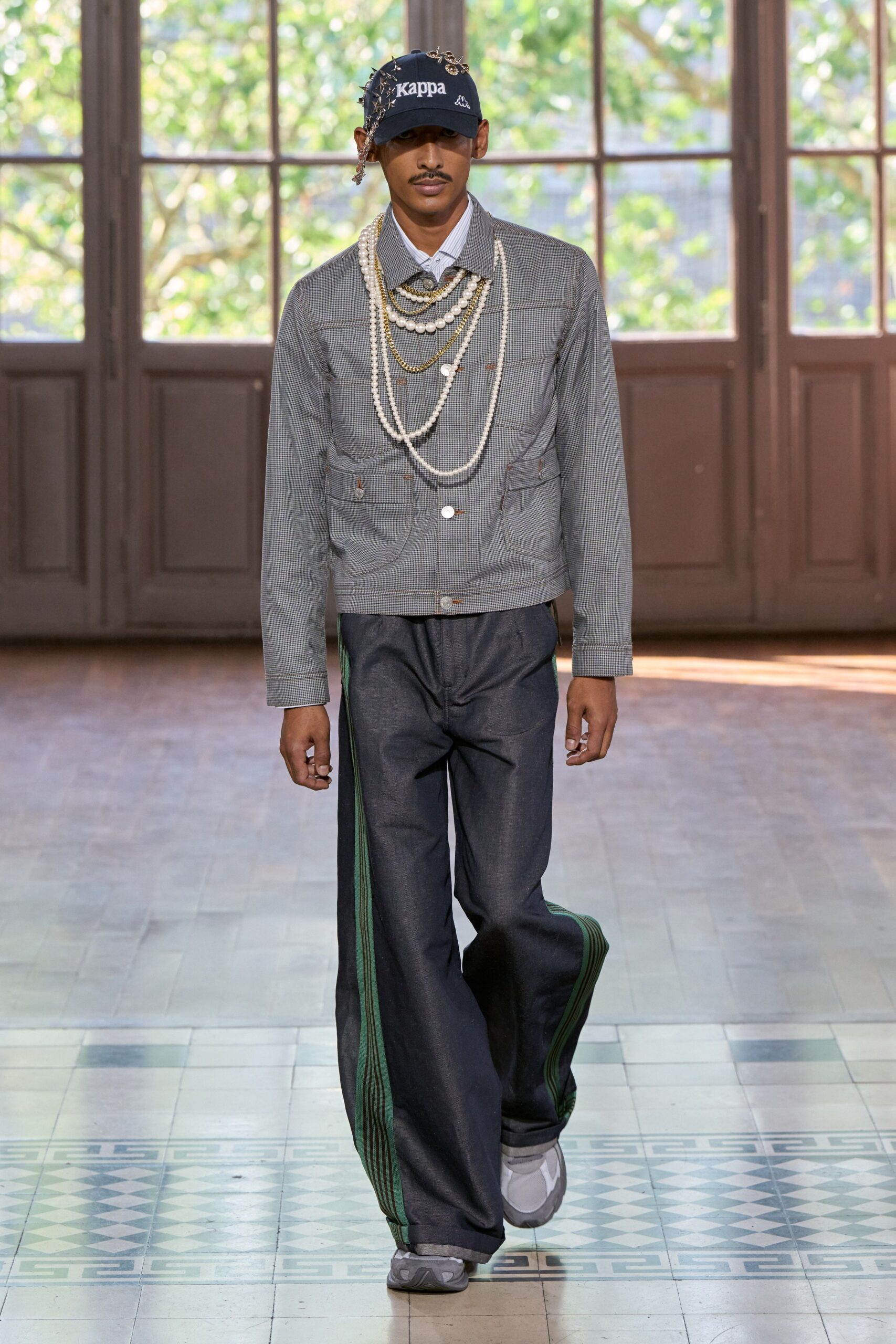 gray relaxed jacket with blue pants