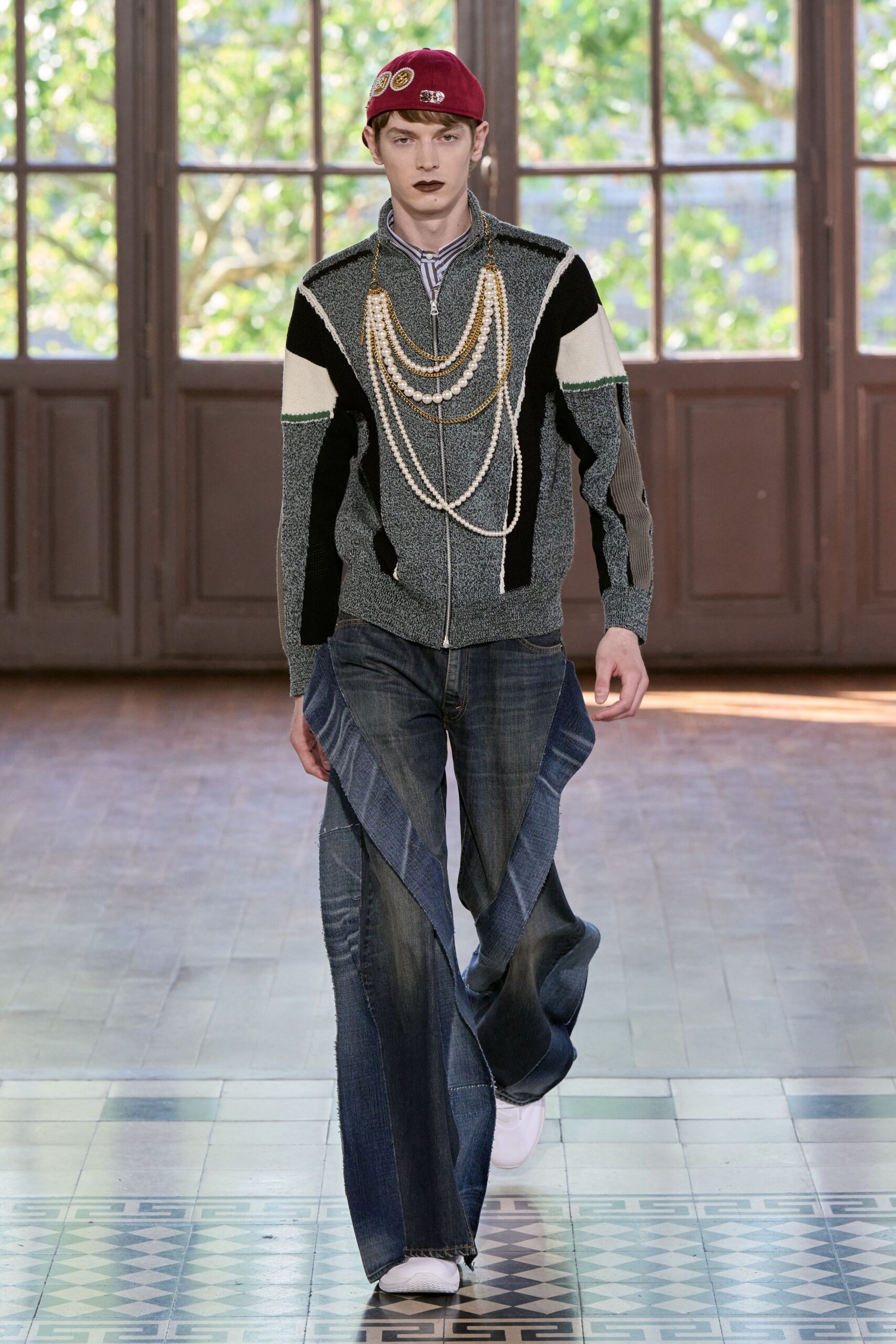gray relaxed jacket with flared jeans