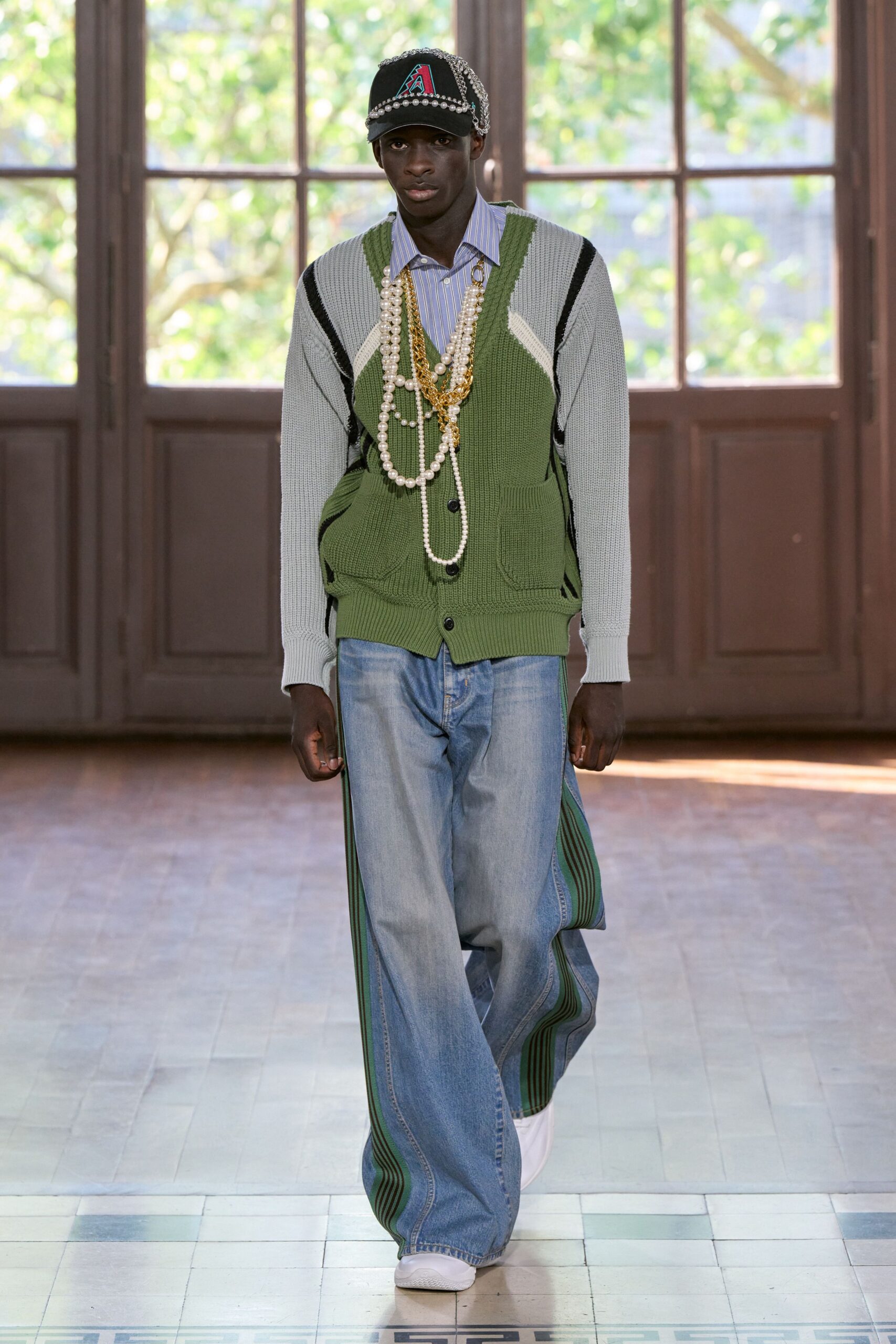 green cotton long-sleeve collared relaxed layered sweater