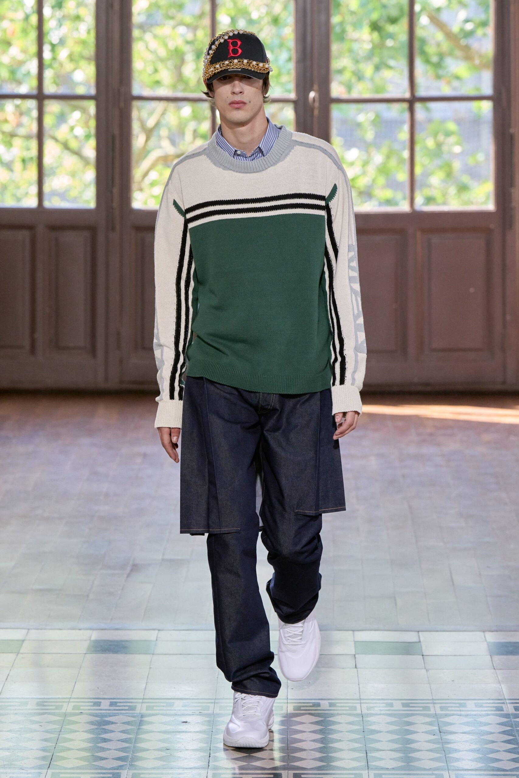 green striped sweater with denim pants