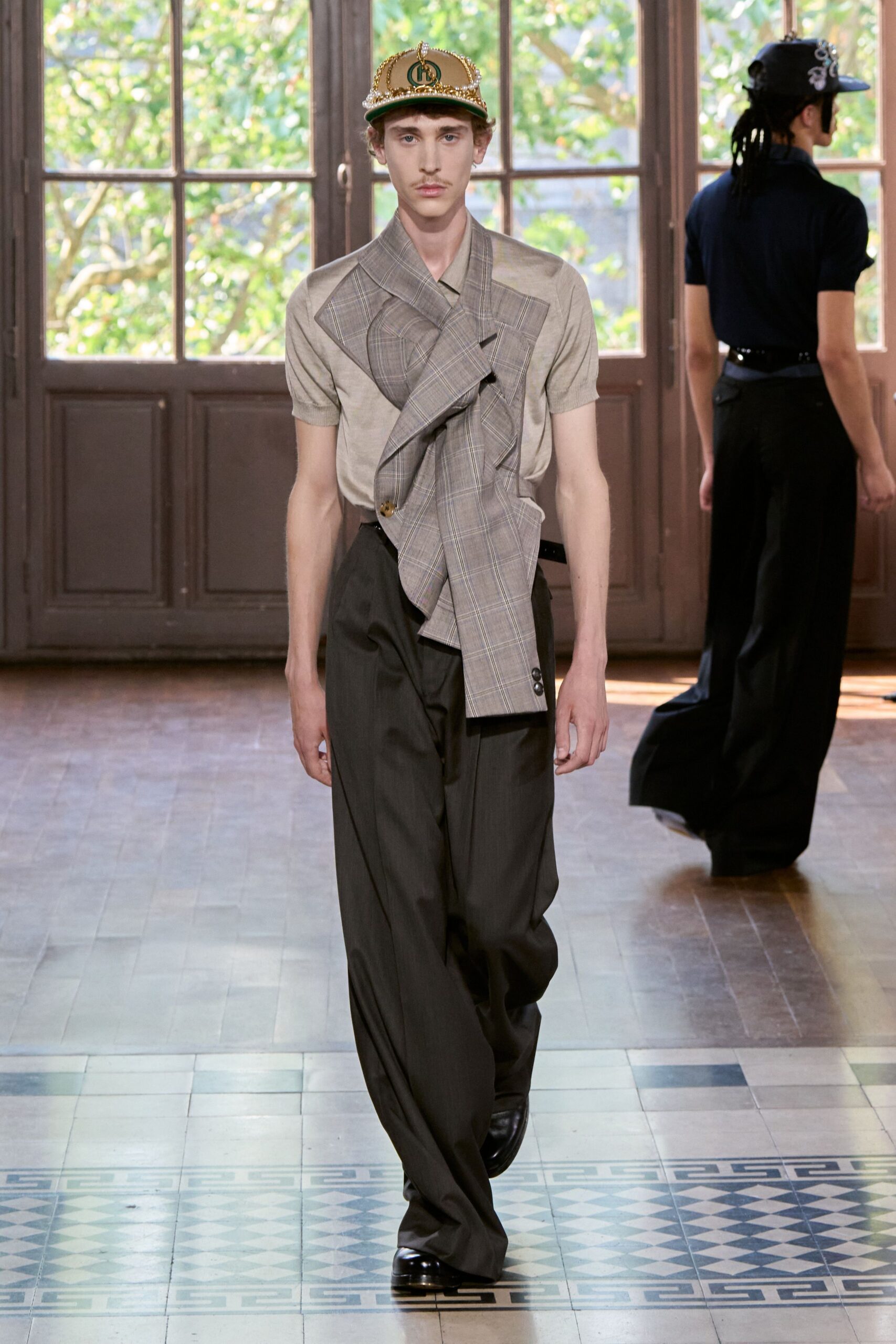 beige fitted shirt gray relaxed pants