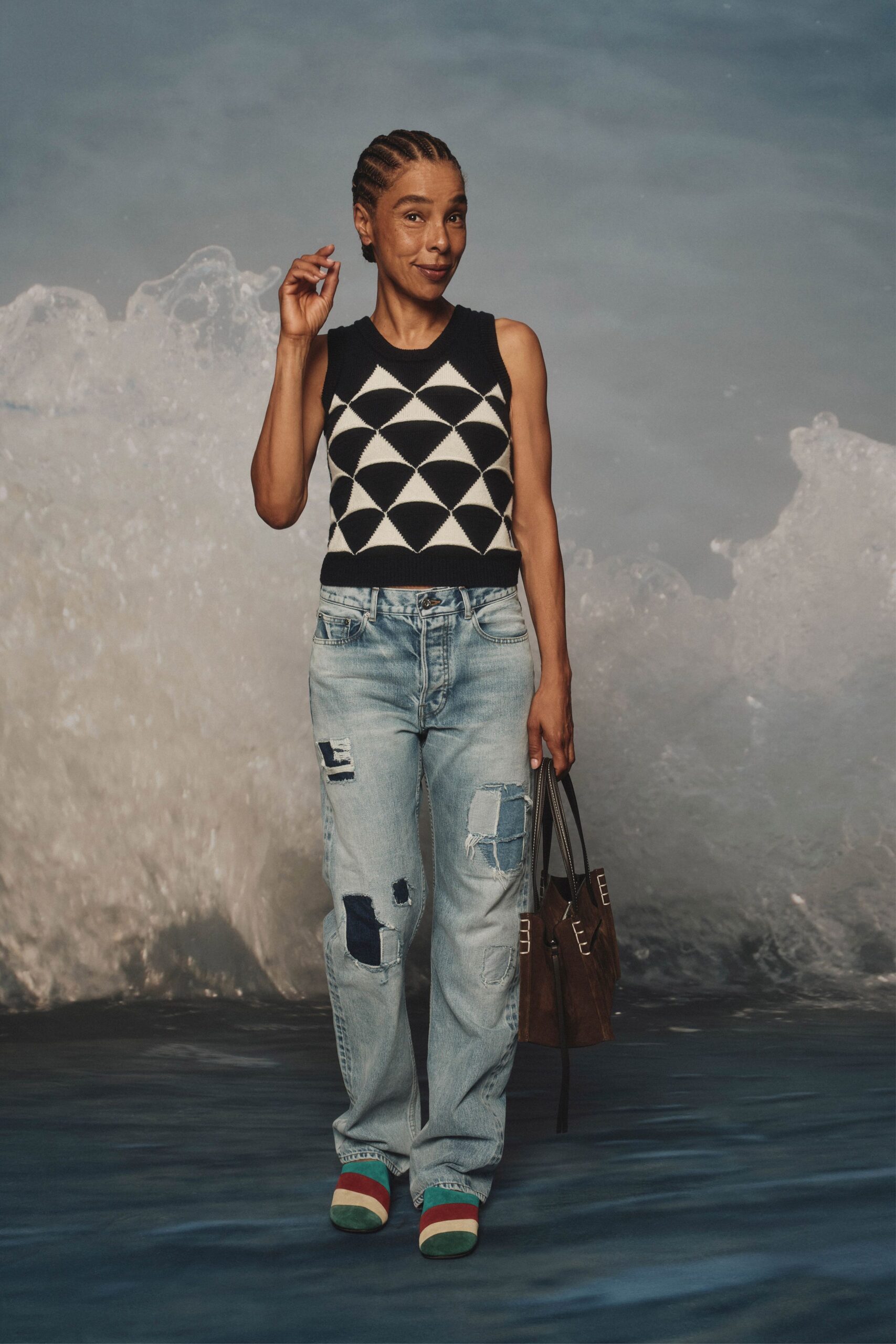 black cotton sleeveless high-neck fitted printed top