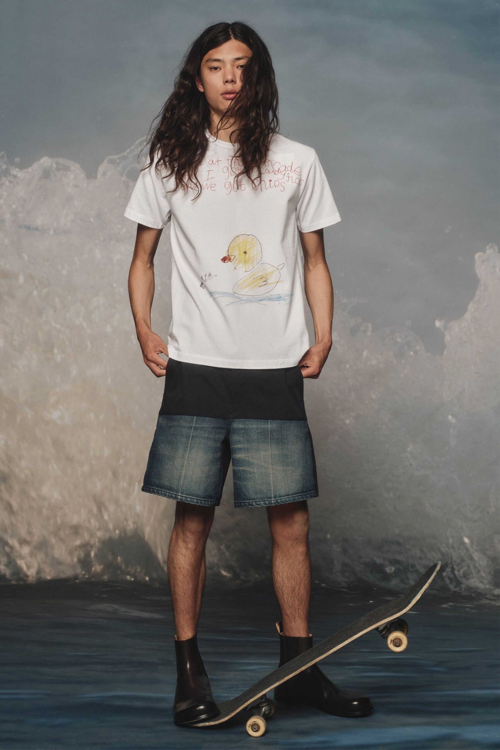 white cotton short-sleeve collared relaxed printed t-shirt