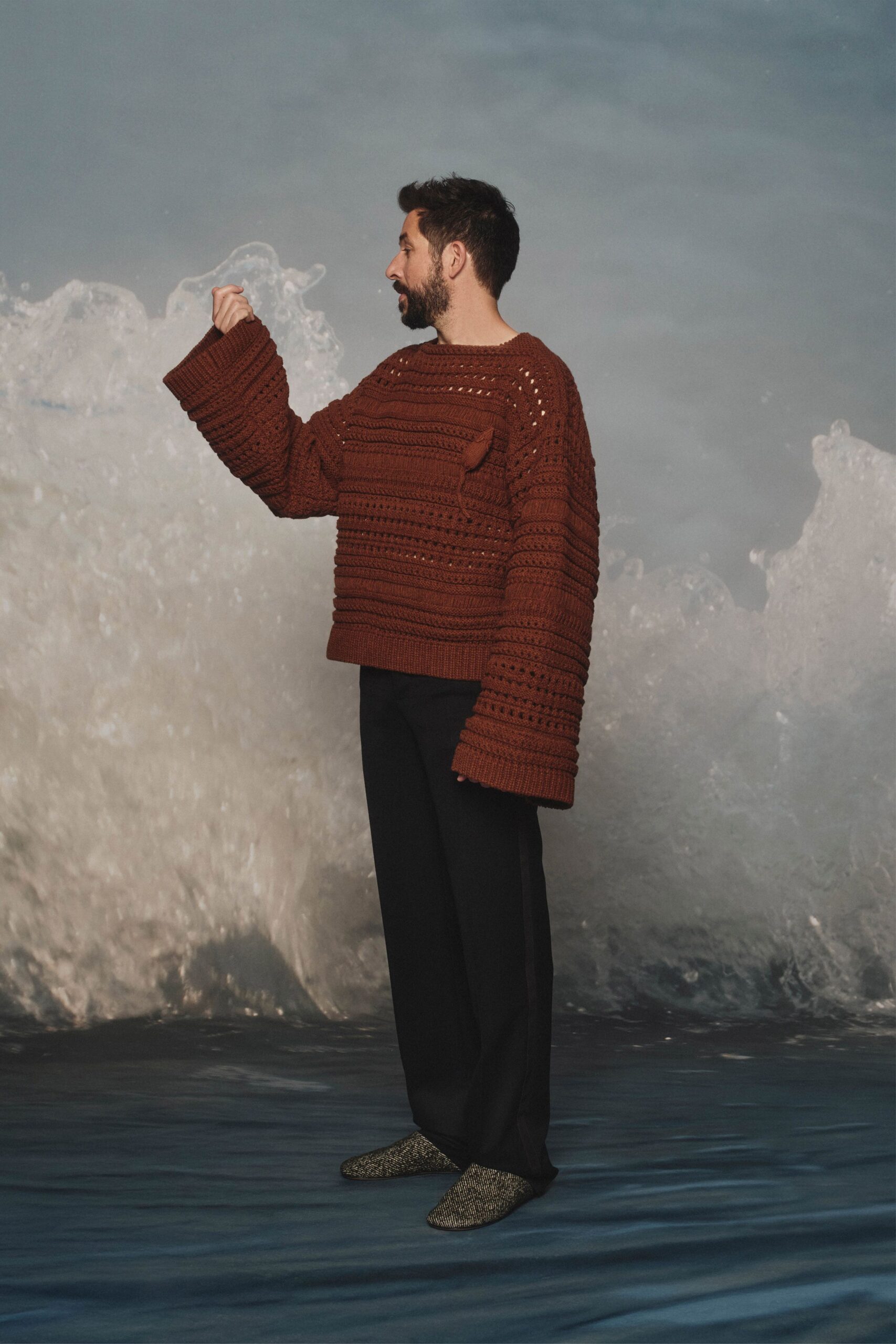brown crochet long-sleeve oversized layered sweater