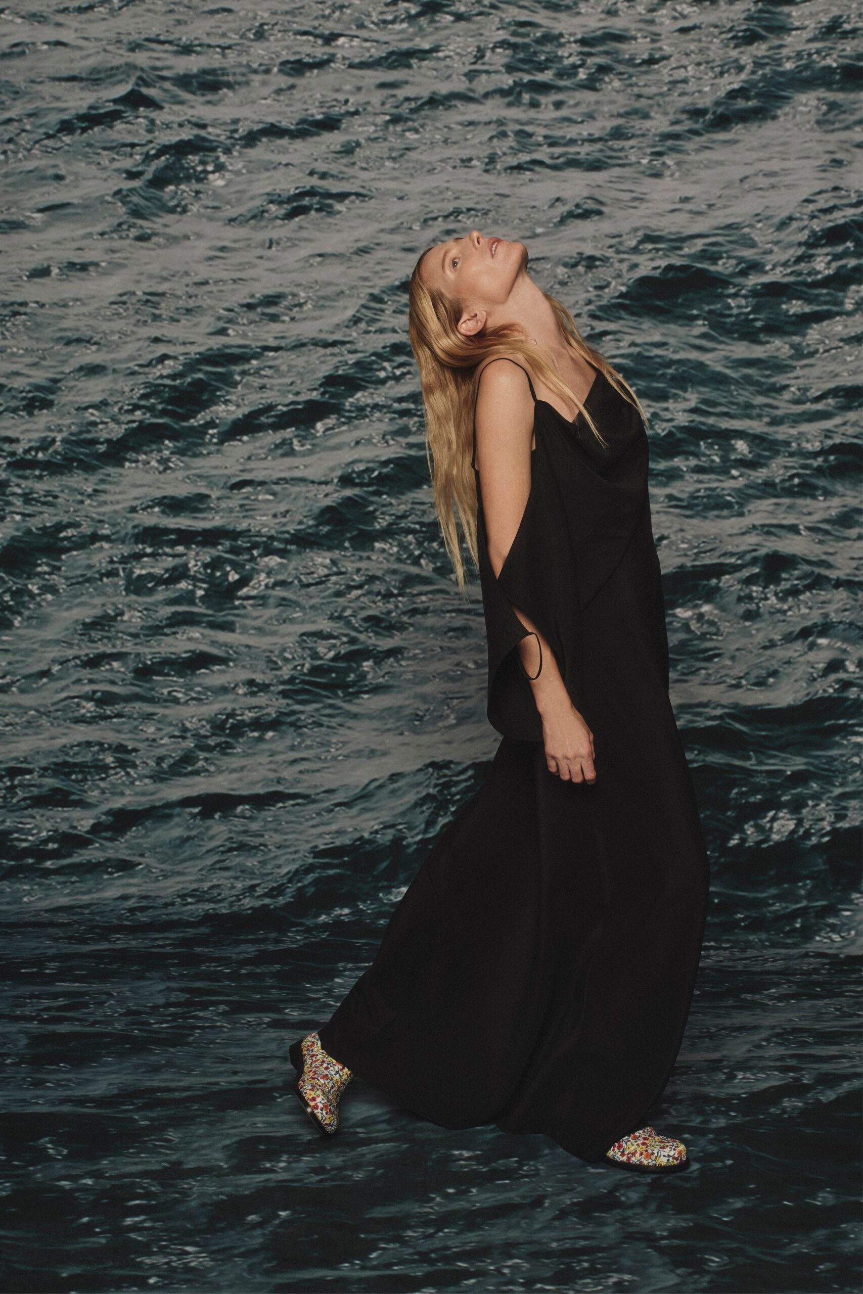 black silk sleeveless v-neck fitted flowing maxi dress