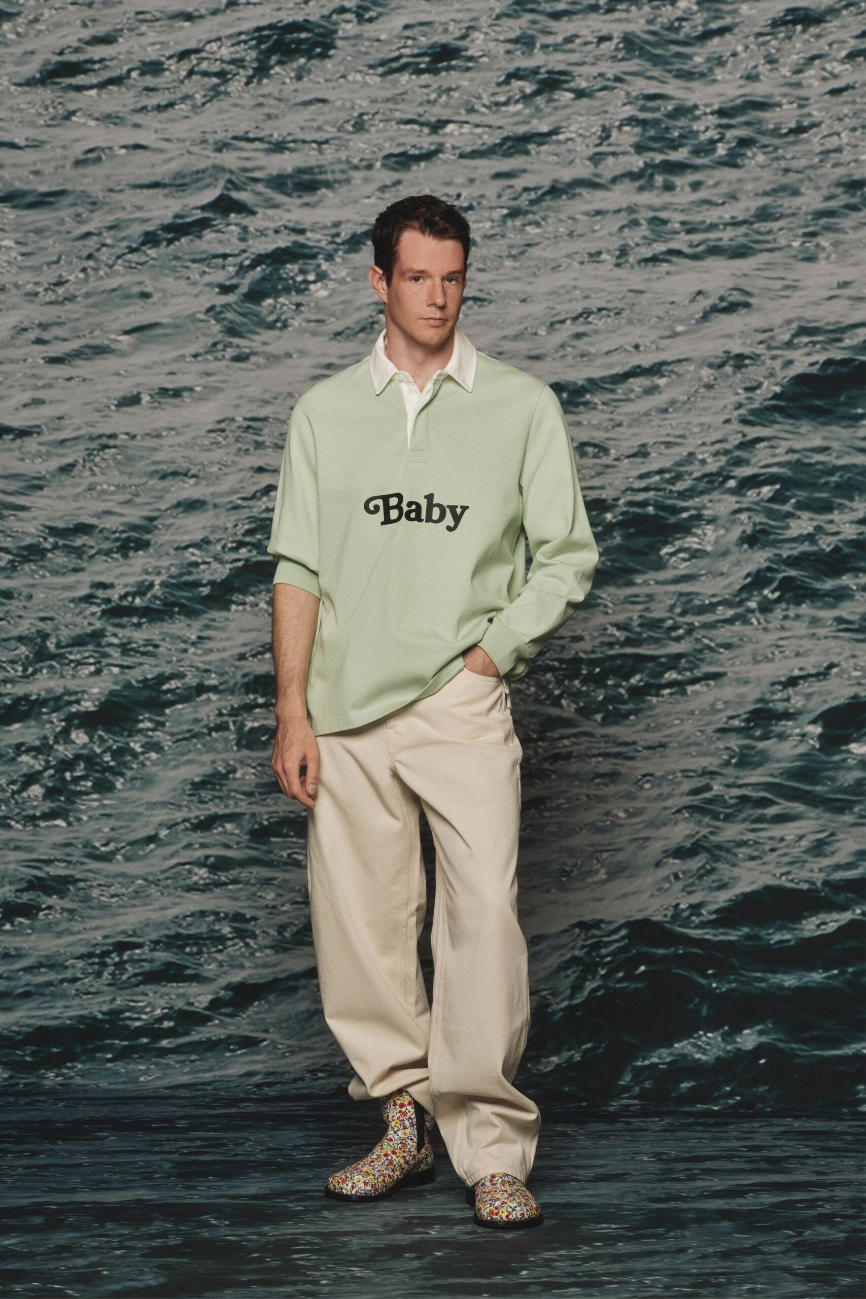 green cotton short-sleeve collared relaxed printed shirt
