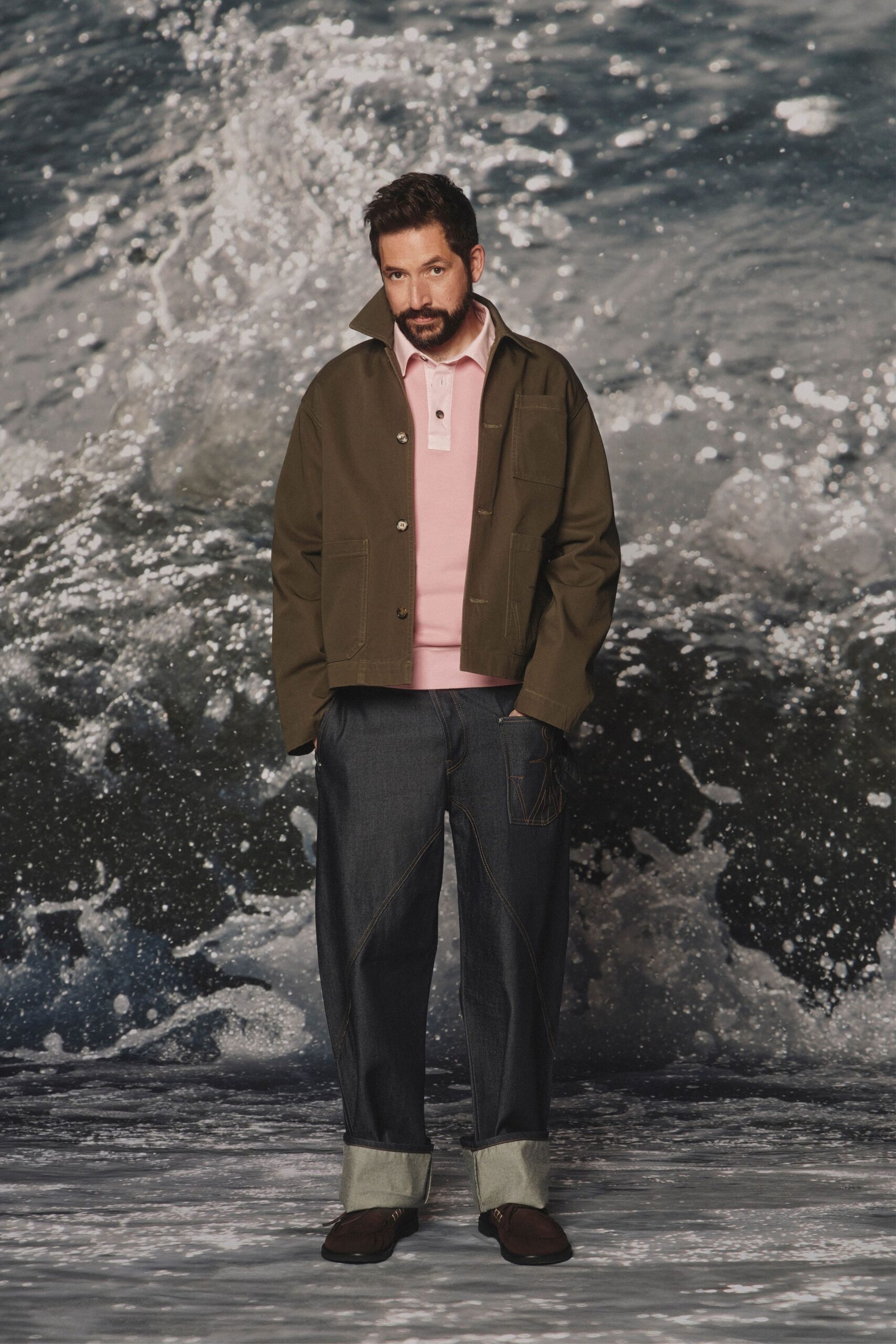 green cotton long-sleeve collared relaxed jacket