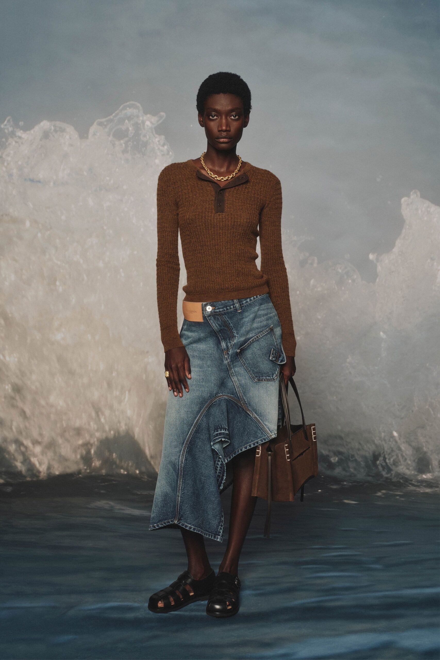 brown cotton long-sleeve collared fitted ribbed top