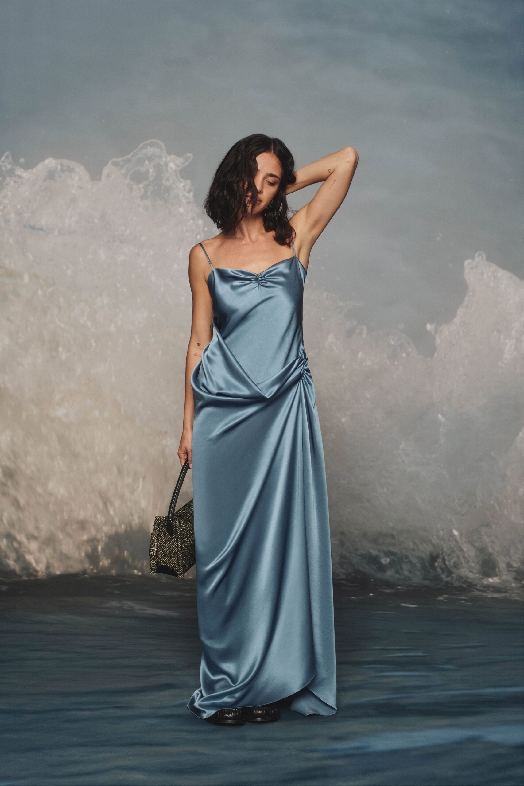 blue satin sleeveless v-neck fitted draped shiny gown