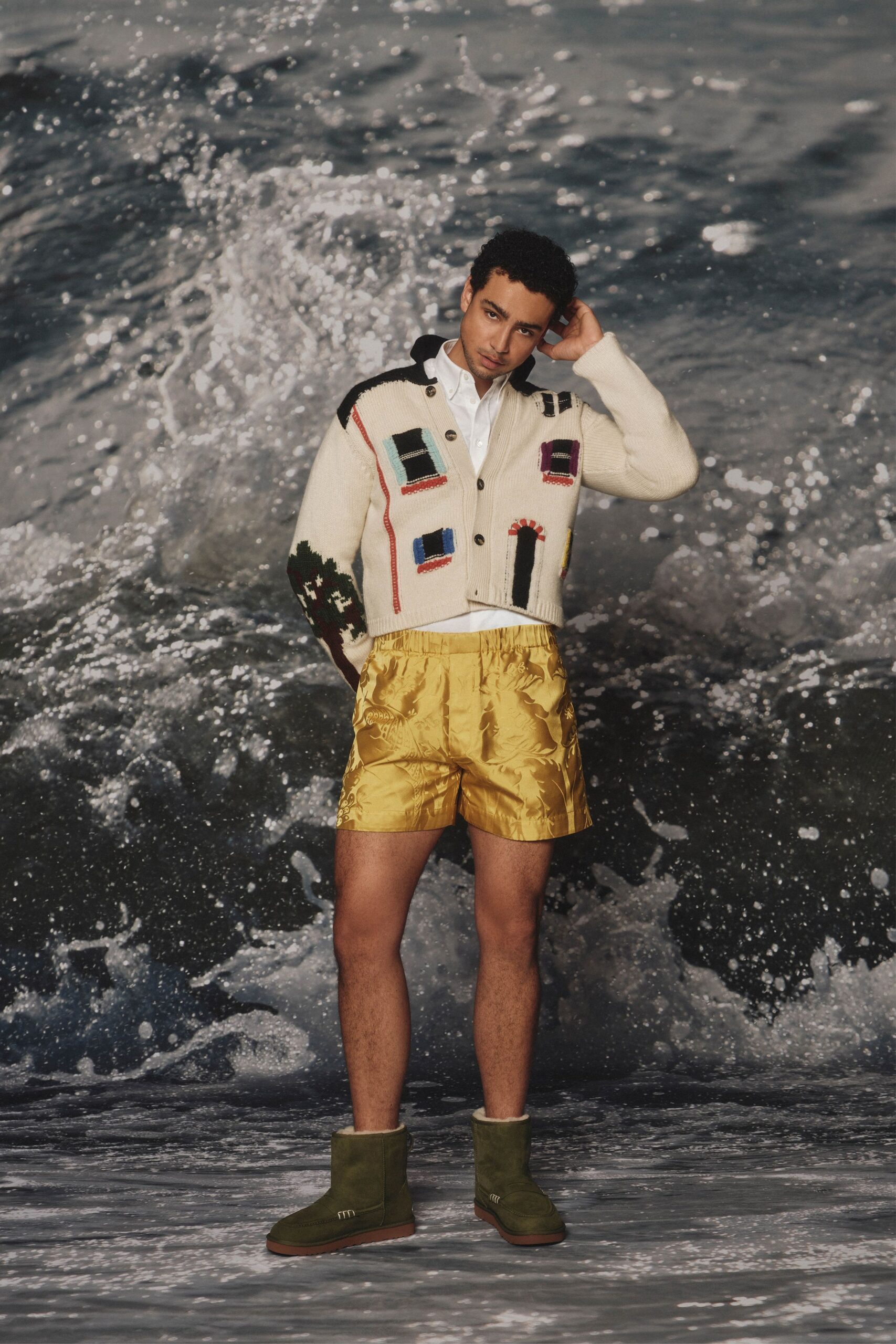 yellow silk relaxed pleated short shorts