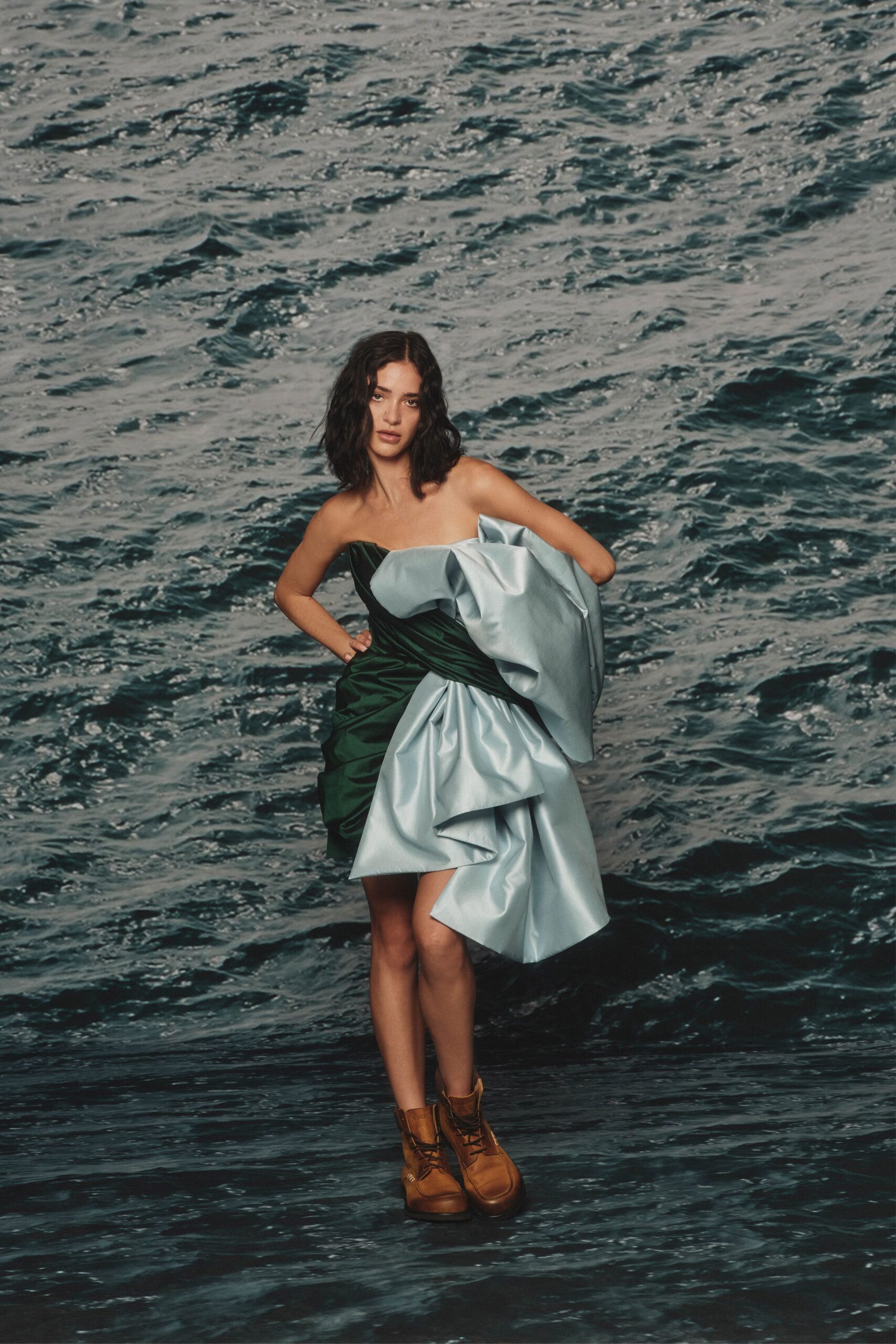 green silk strapless fitted ruffled mini dress