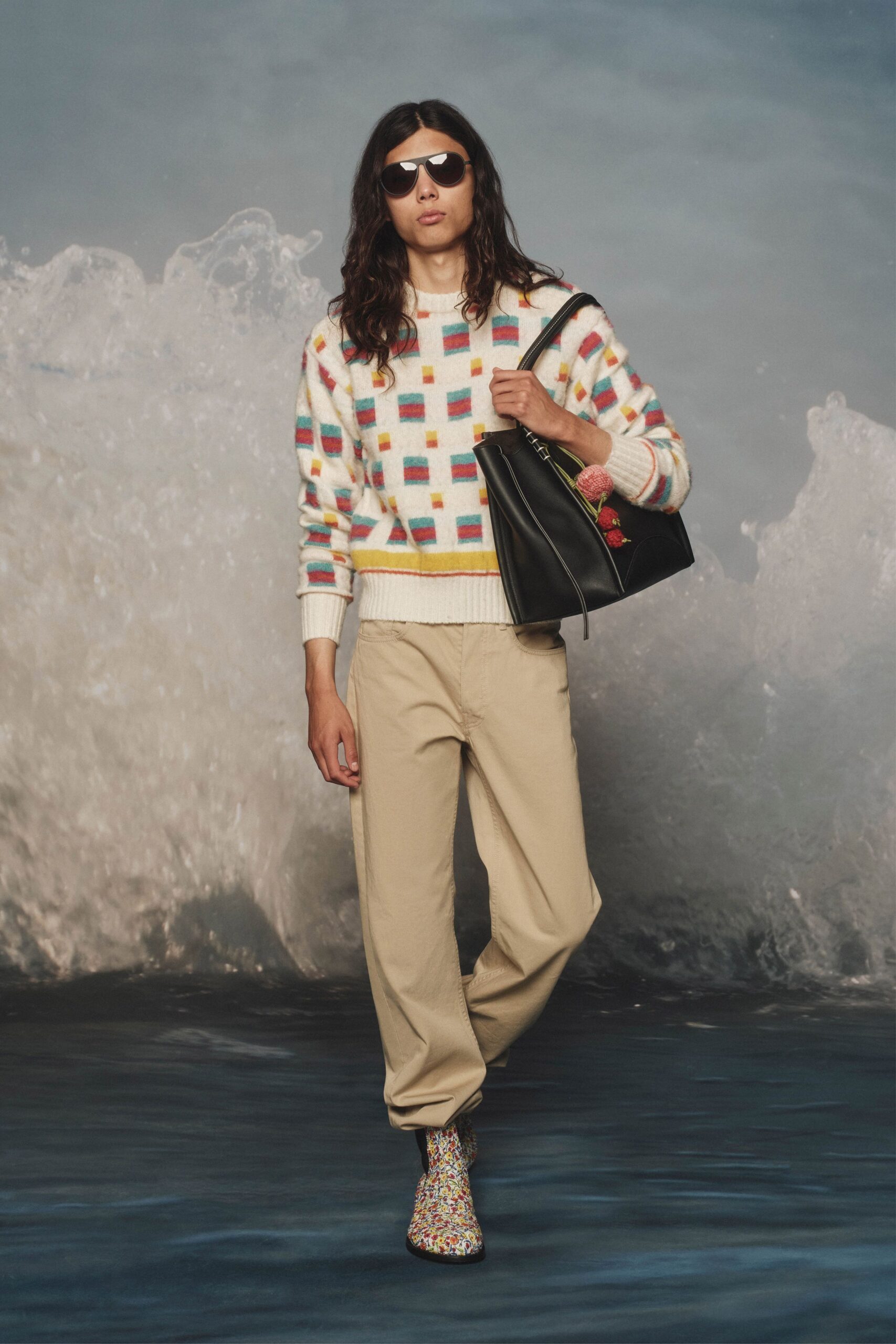 white cotton long-sleeve collared relaxed color-blocked sweater