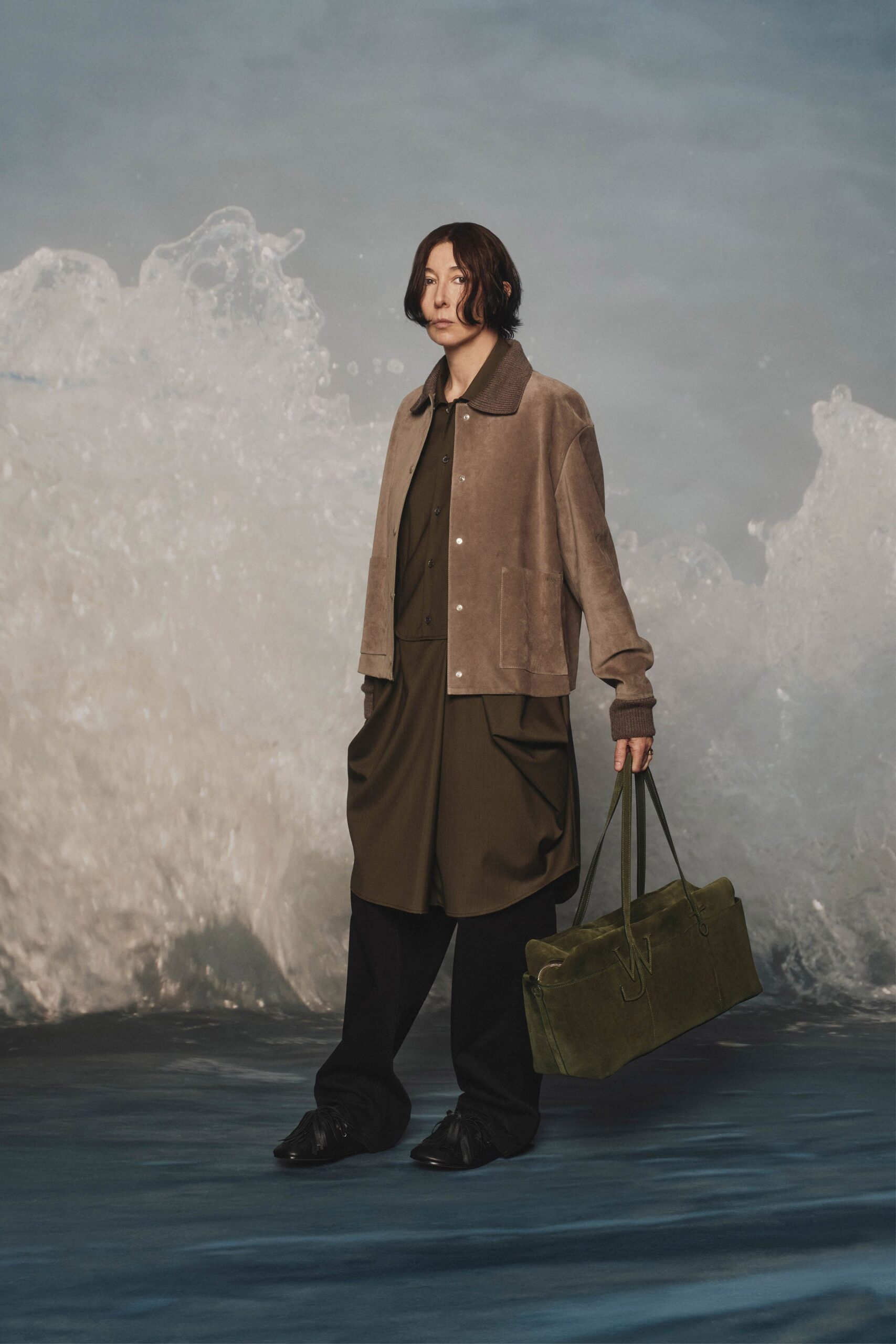 brown suede long-sleeve collared relaxed jacket