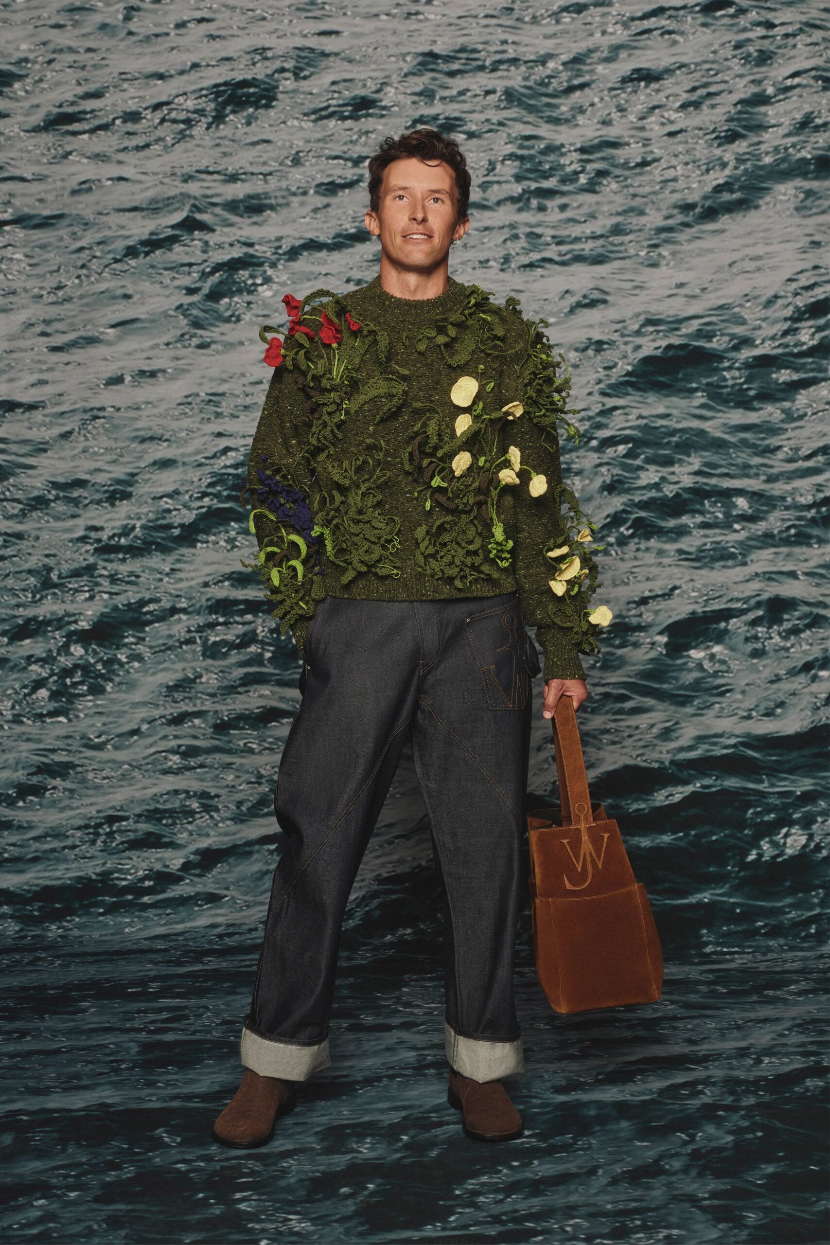 green wool long-sleeve collared relaxed layered sweater
