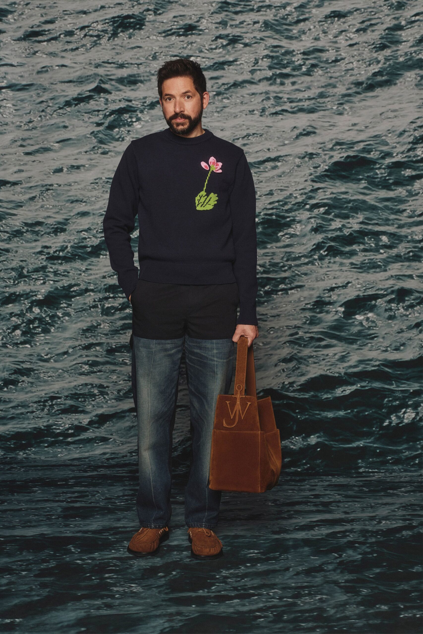 blue cotton long-sleeve collared relaxed embroidered sweater