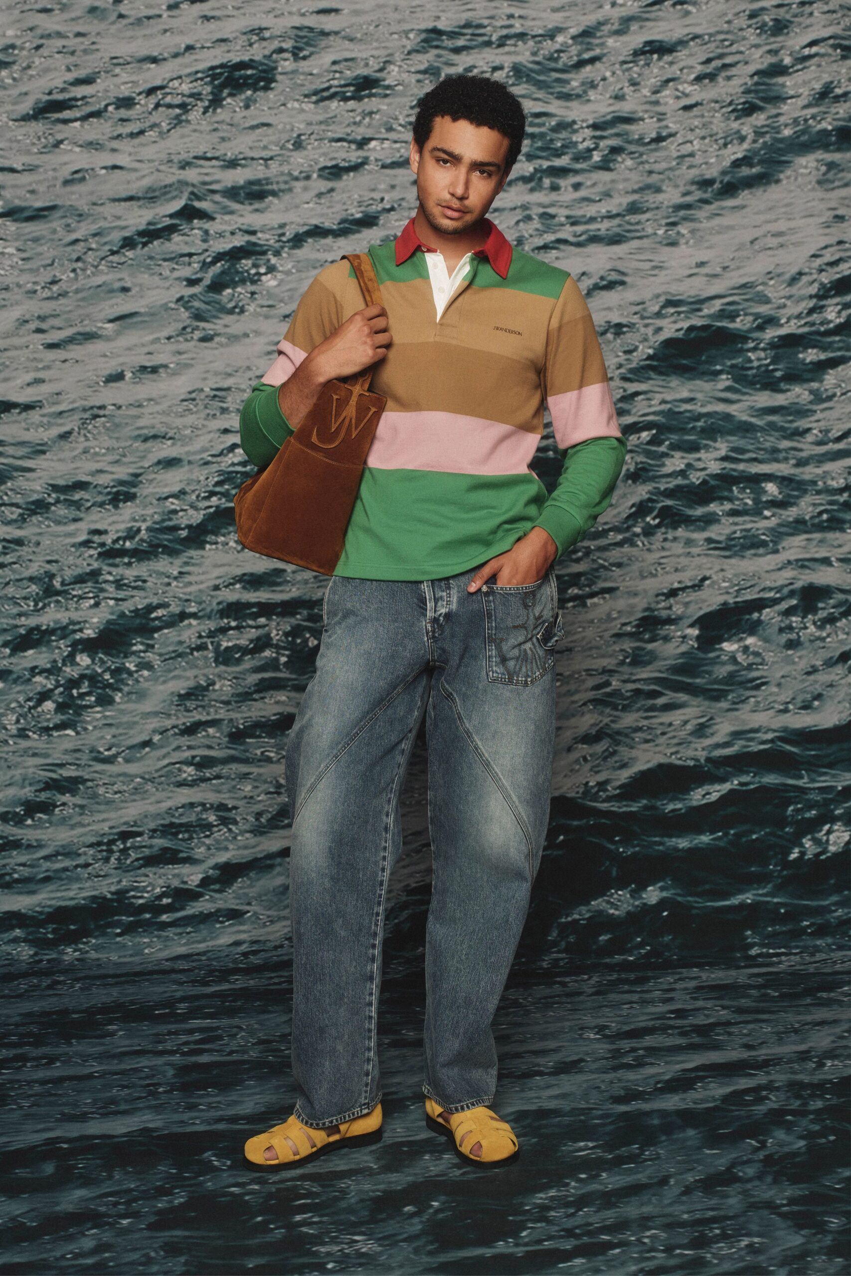 color-blocked shirt with relaxed jeans