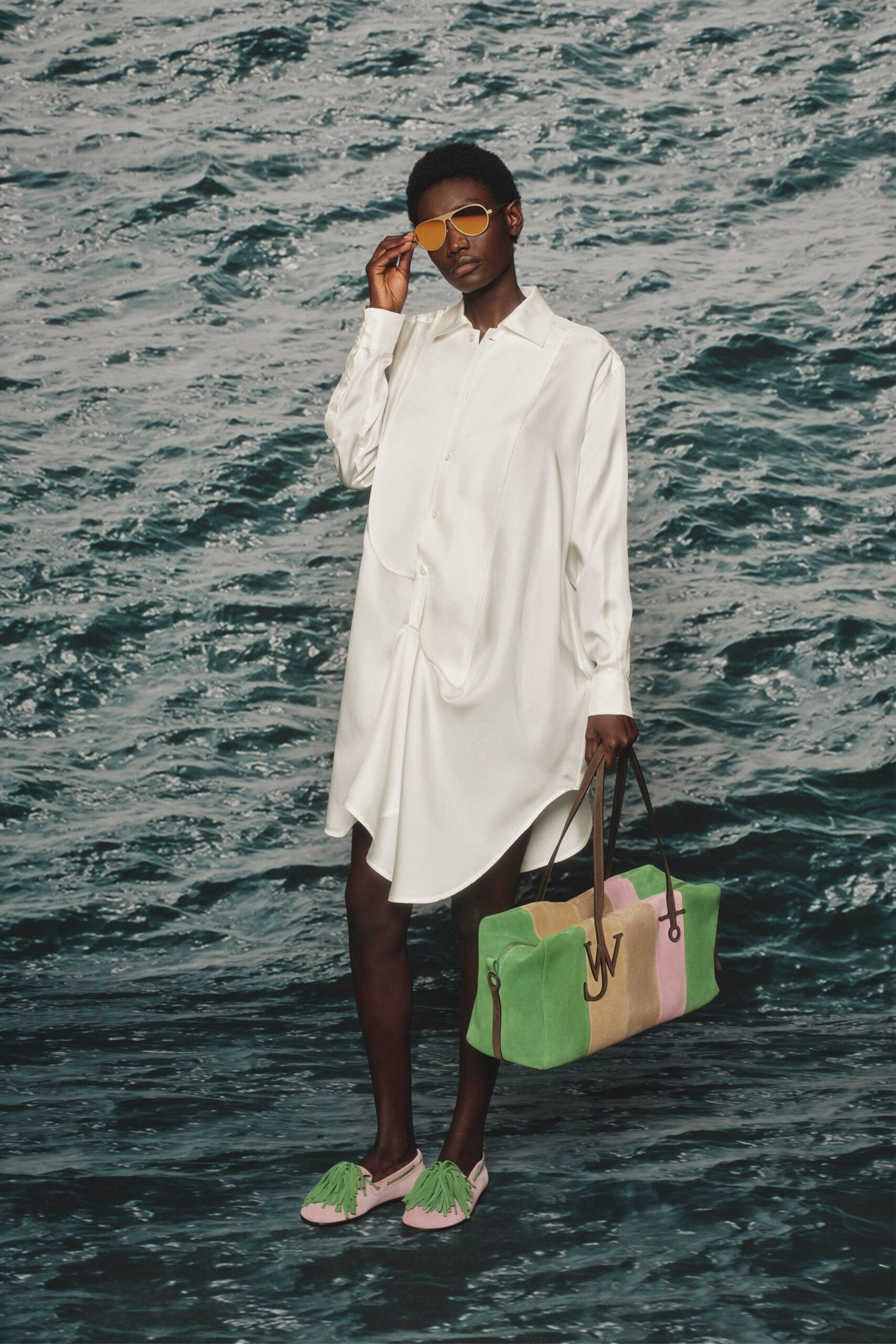 white silk shirt-dress with accessories