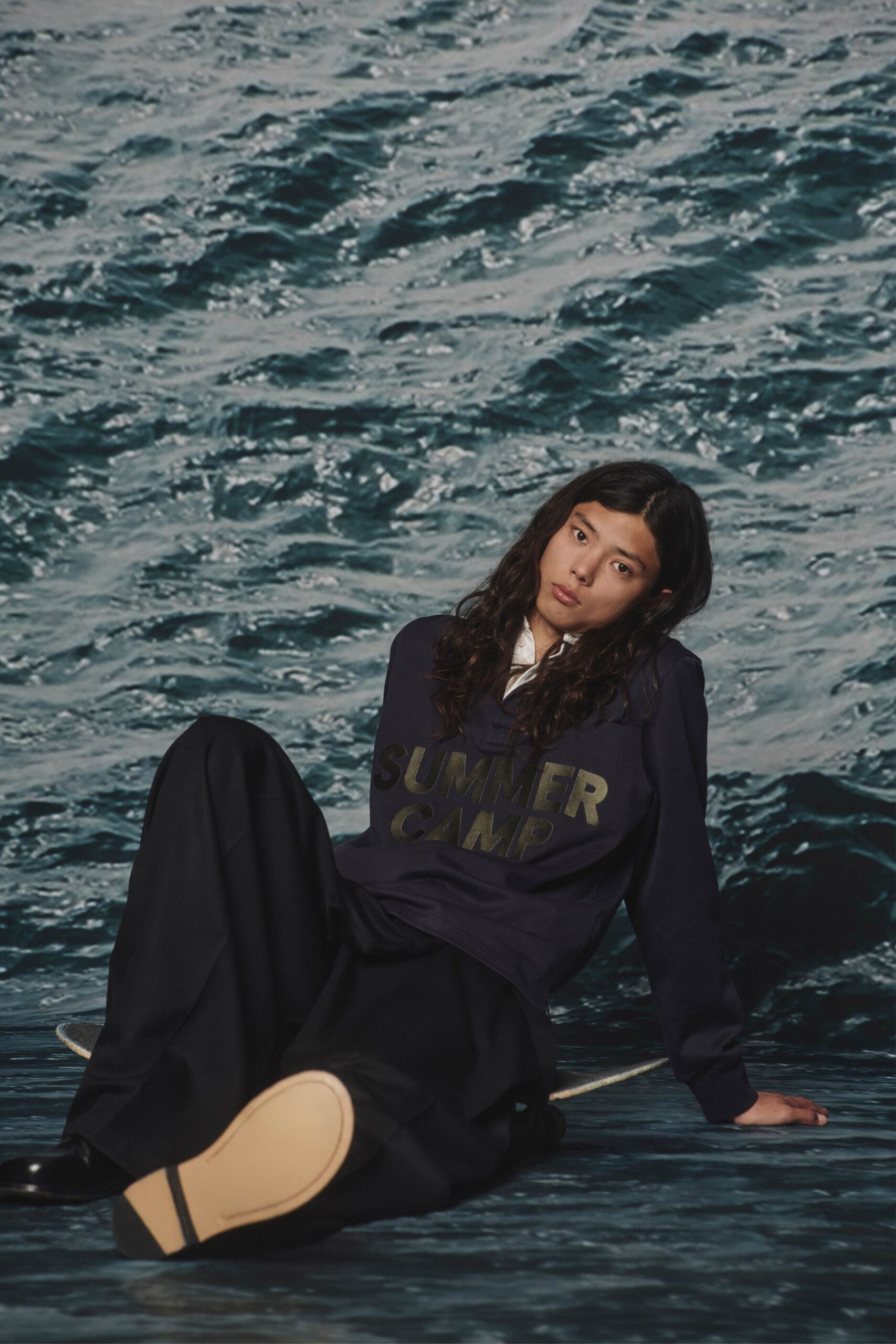 navy hoodie black wide-leg pants