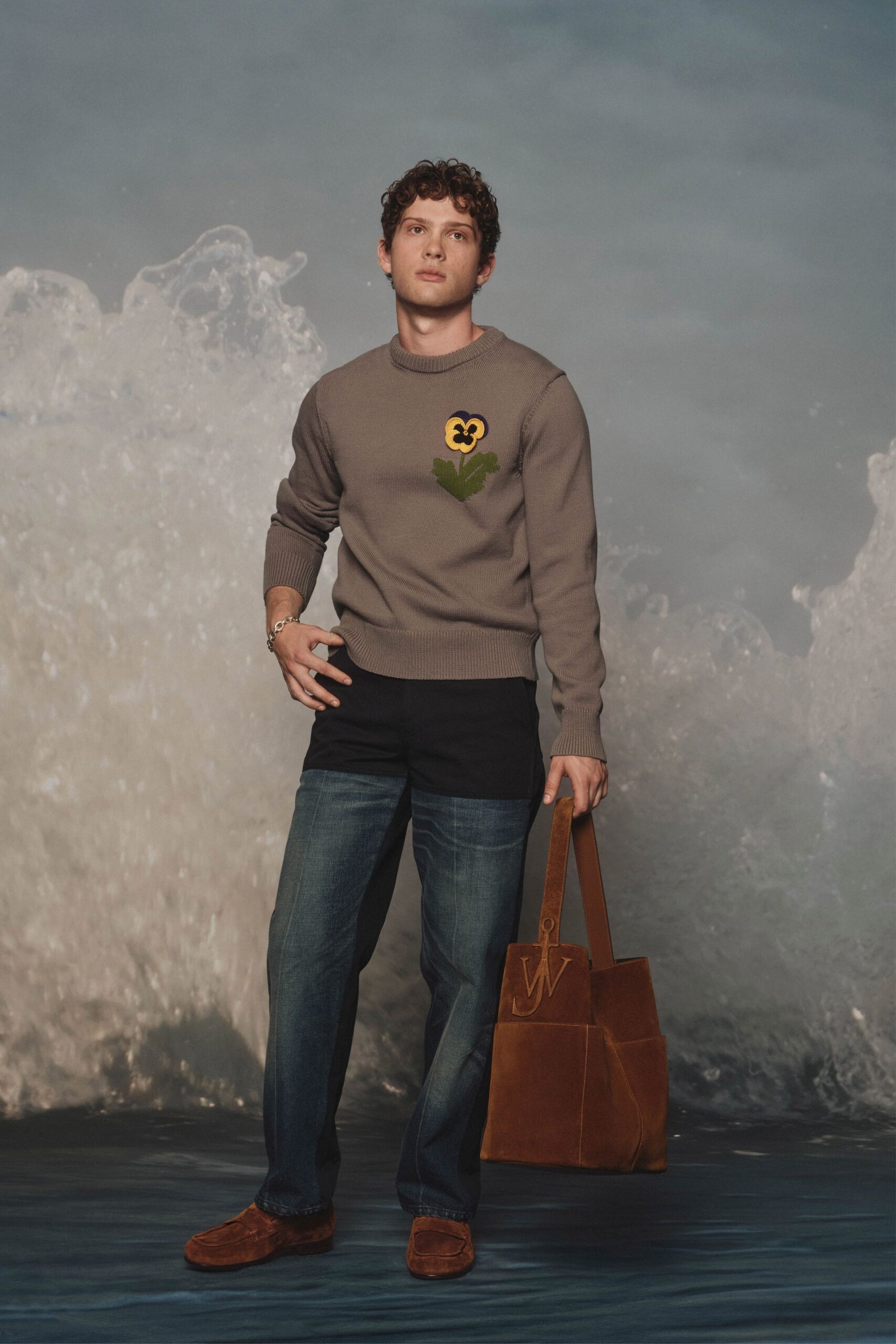 gray cotton long-sleeve collared fitted embroidered sweater