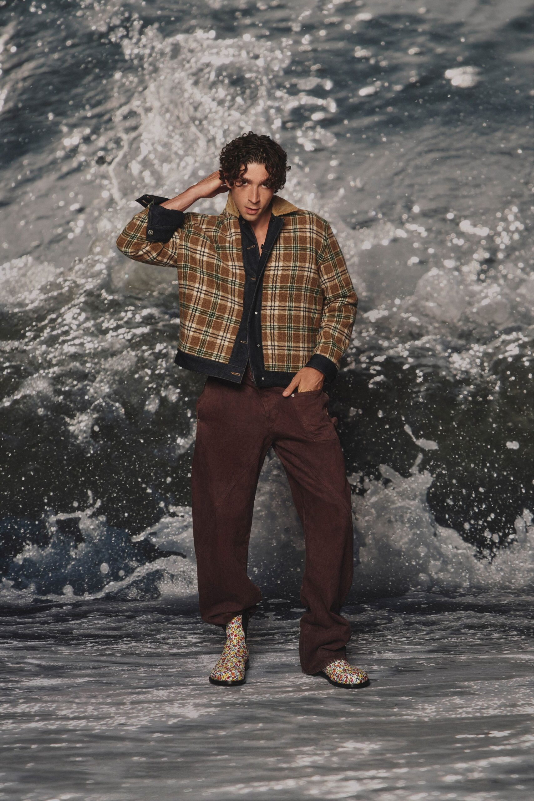 brown cotton long-sleeve collared relaxed checked jacket