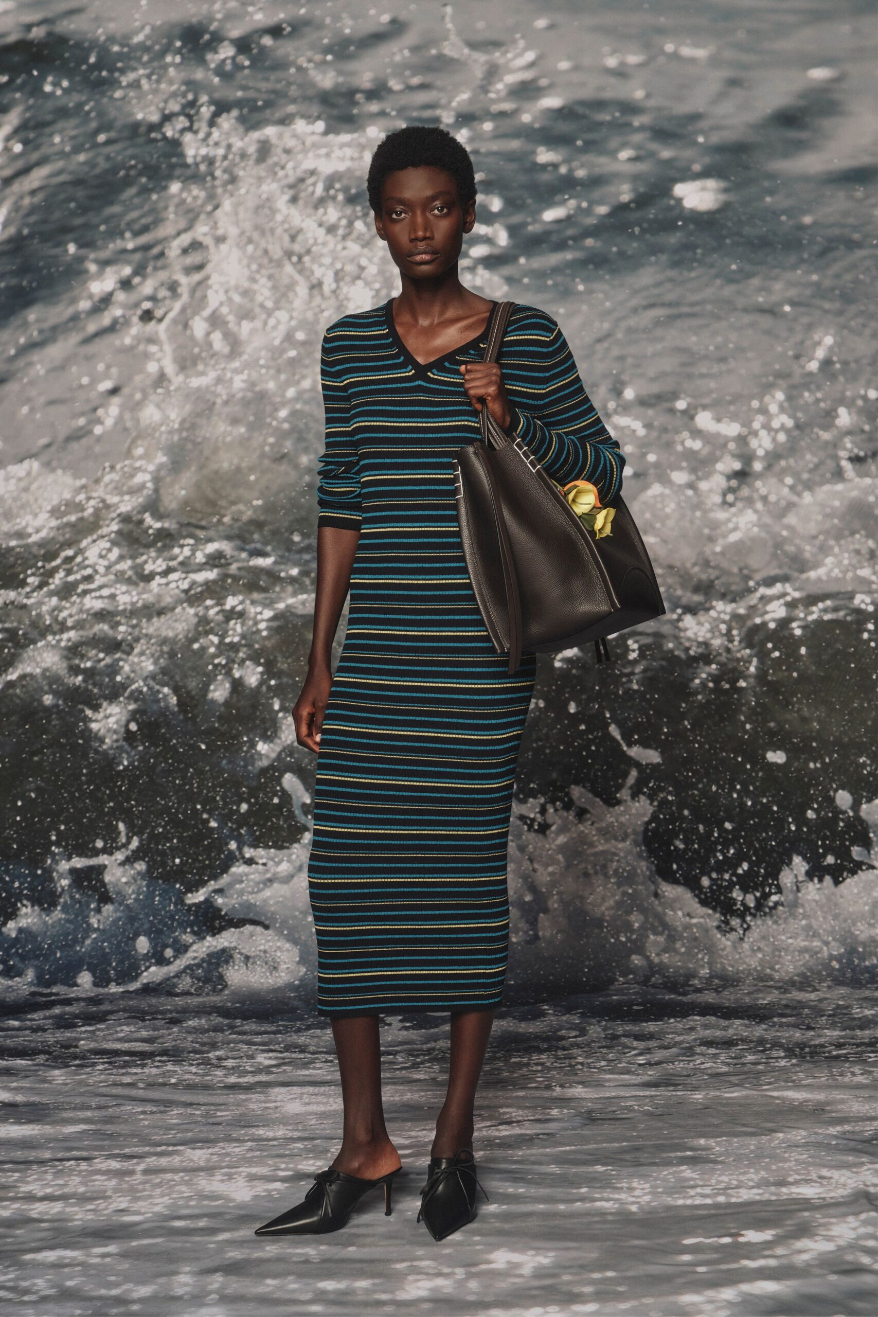blue cotton long-sleeve v-neck fitted striped midi dress