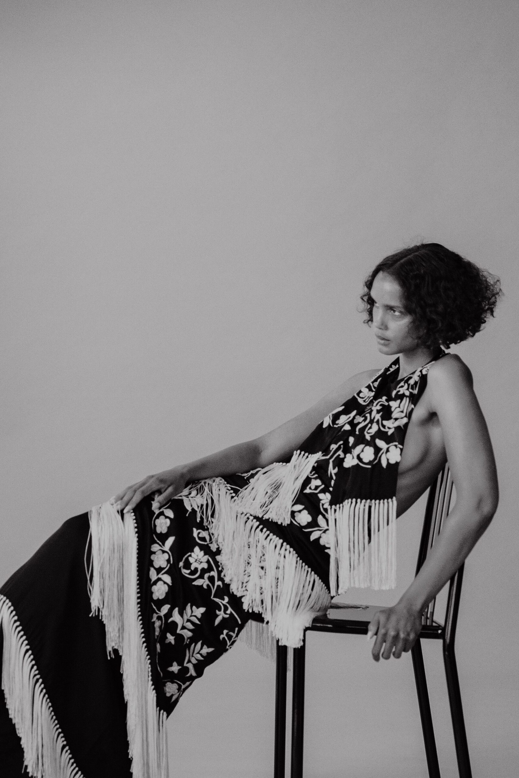 black and white floral fringed dress