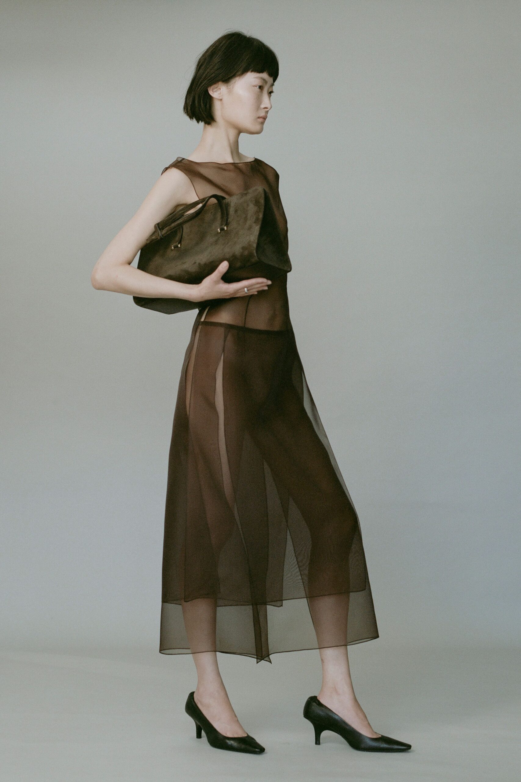 black silk sleeveless v-neck fitted sheer flowing dress