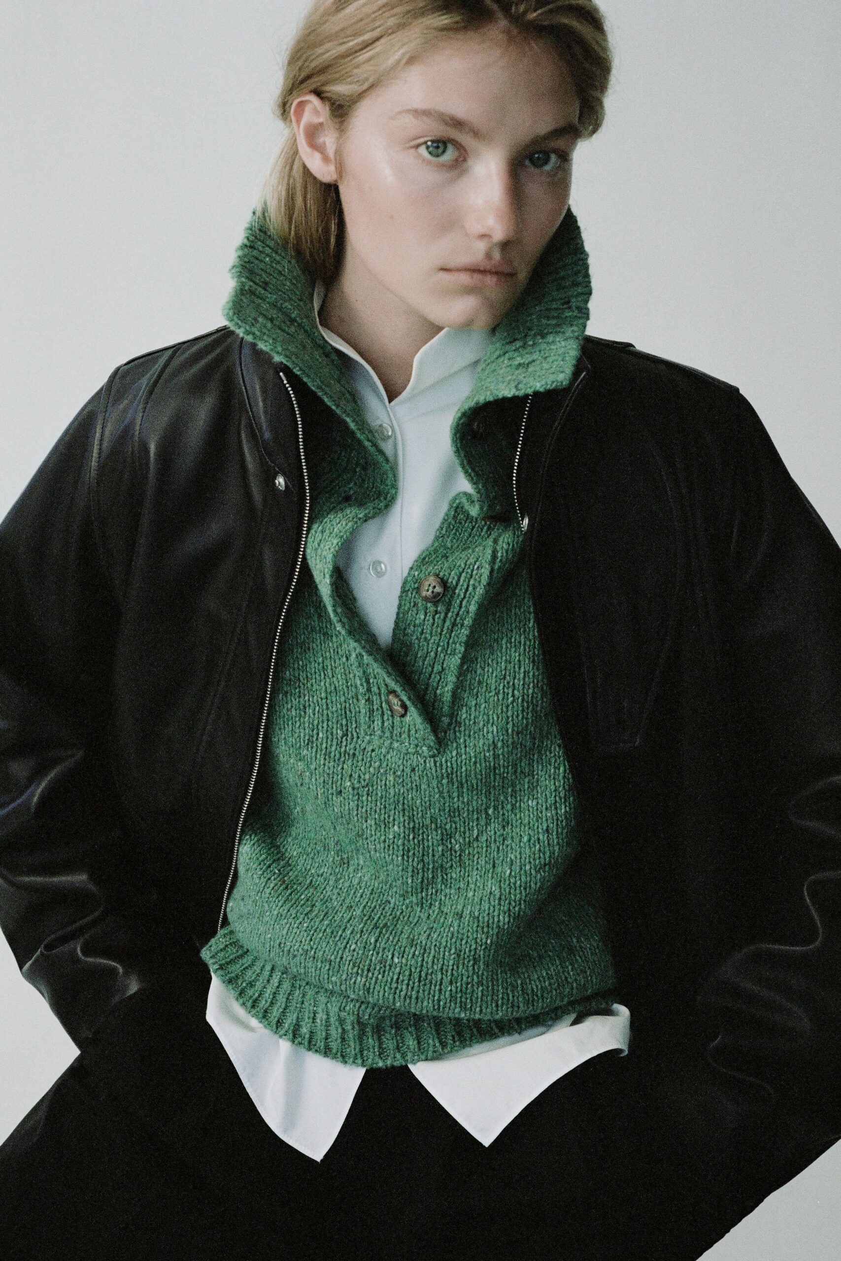 black leather long-sleeve collared structured jacket
