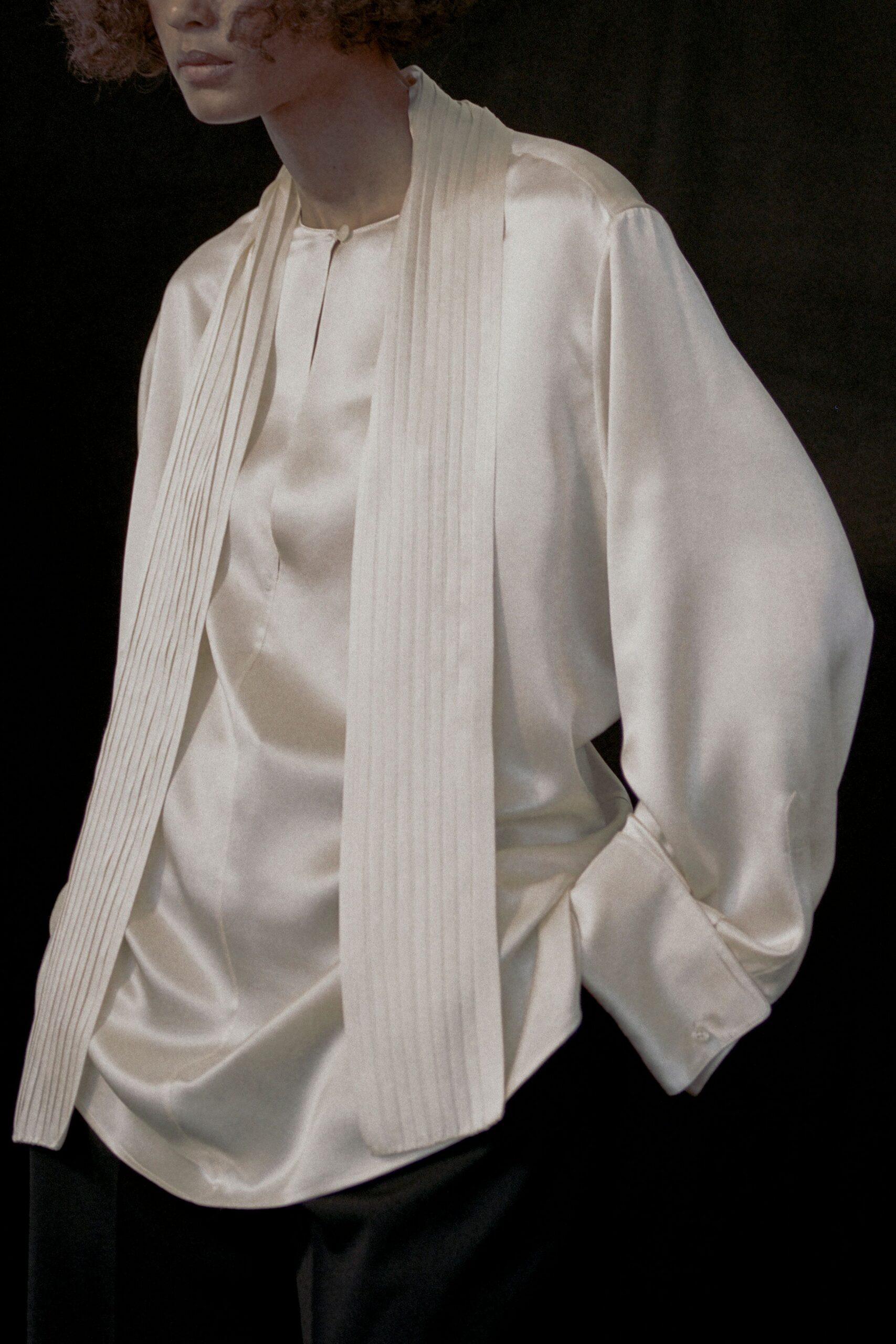 white silk long-sleeve collared relaxed pleated shirt
