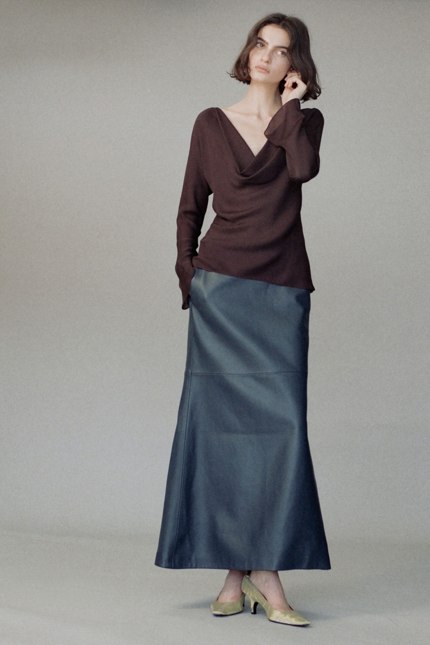 blue leather fitted straight-leg maxi skirt