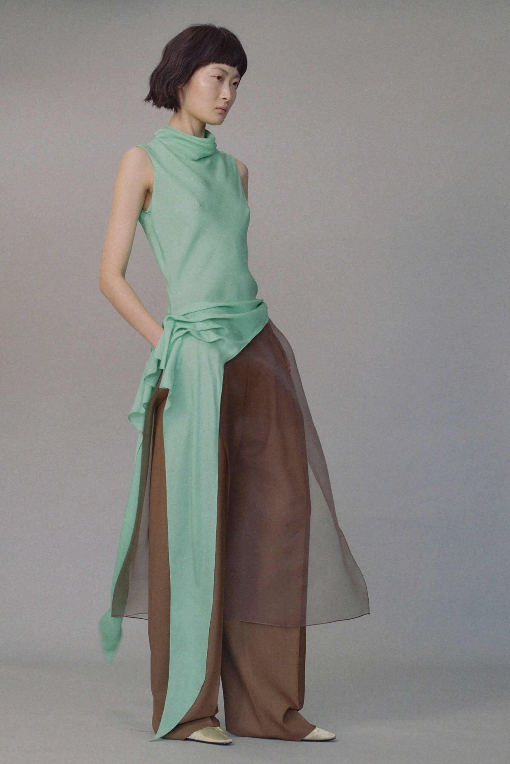 brown chiffon relaxed wide-leg flowing pants