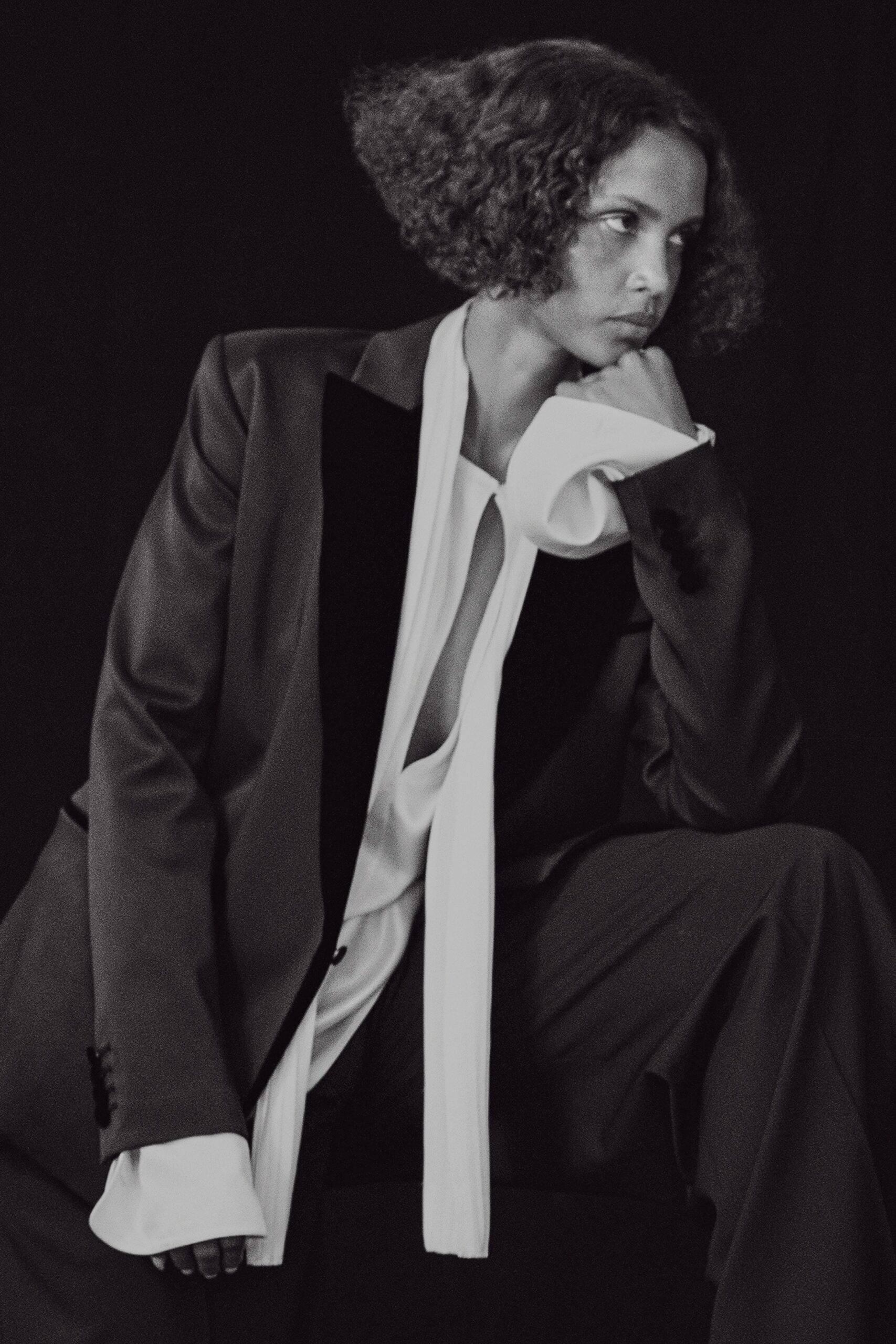 black wool tailored straight-leg pants