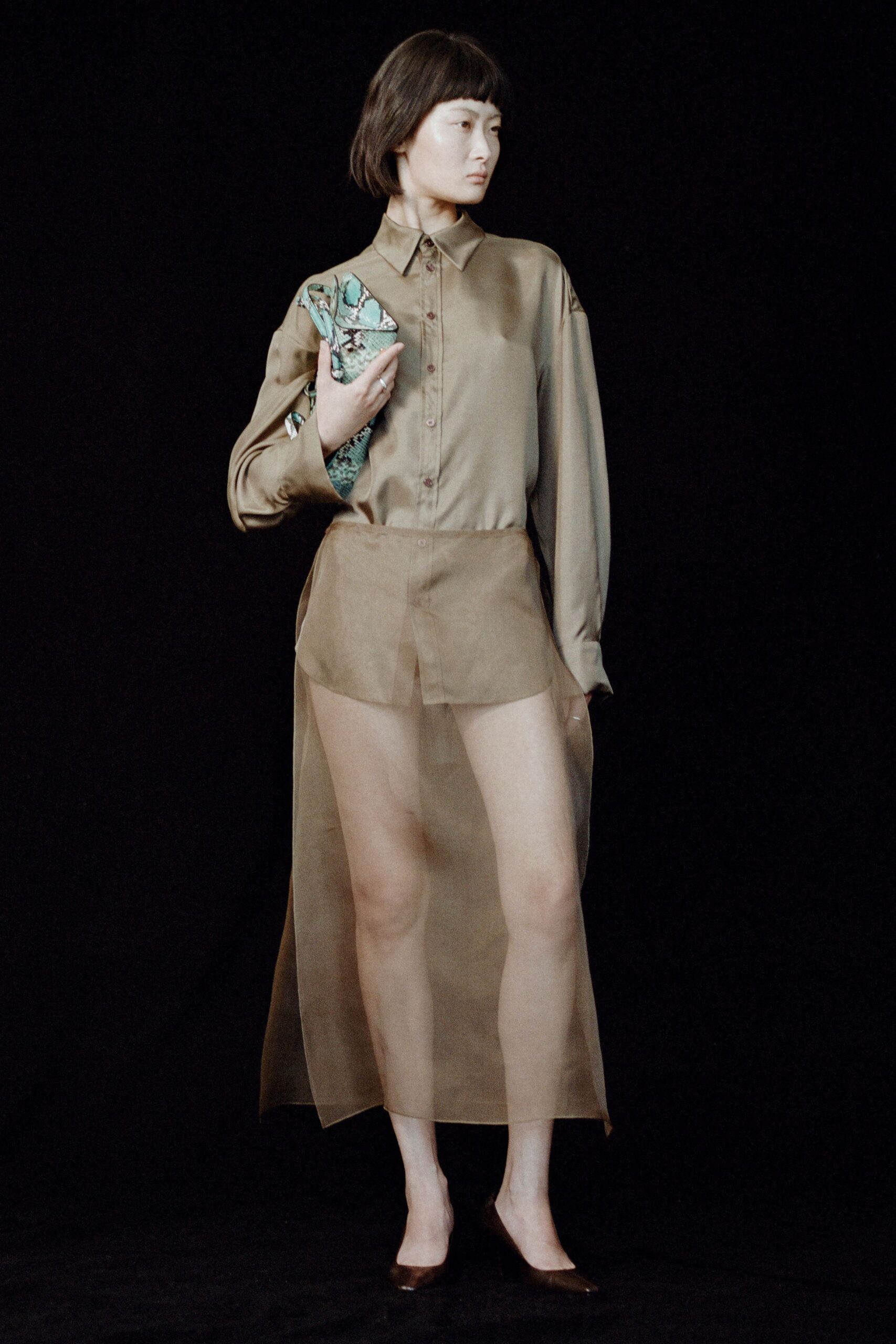 beige silk long-sleeve collared relaxed layered sheer shirt-dress