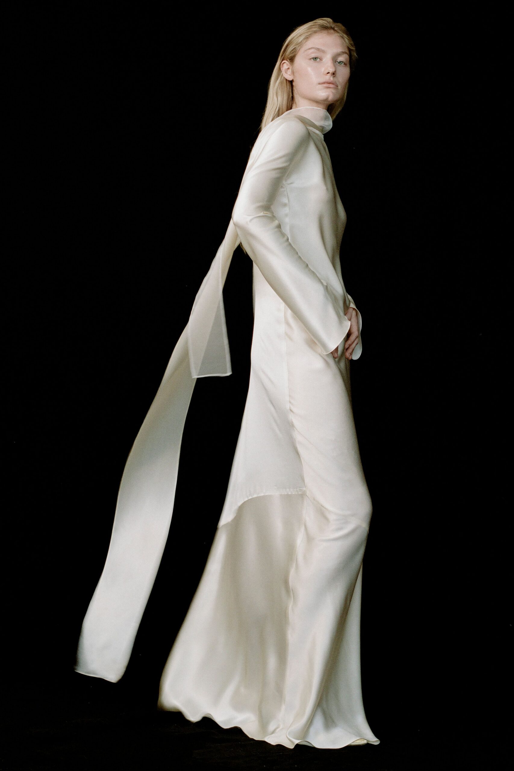 white silk fitted gown
