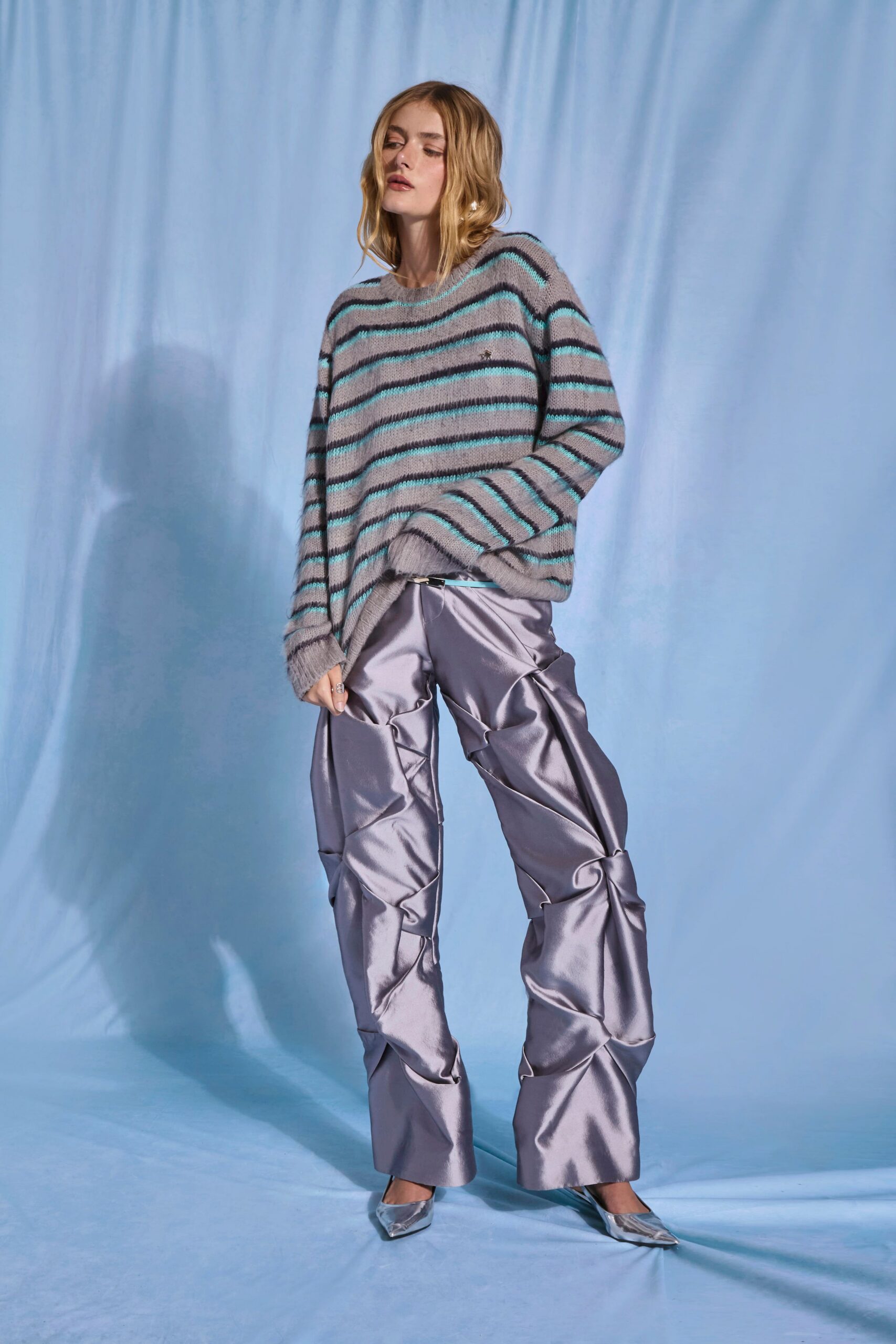 gray wool long-sleeve collared relaxed striped sweater