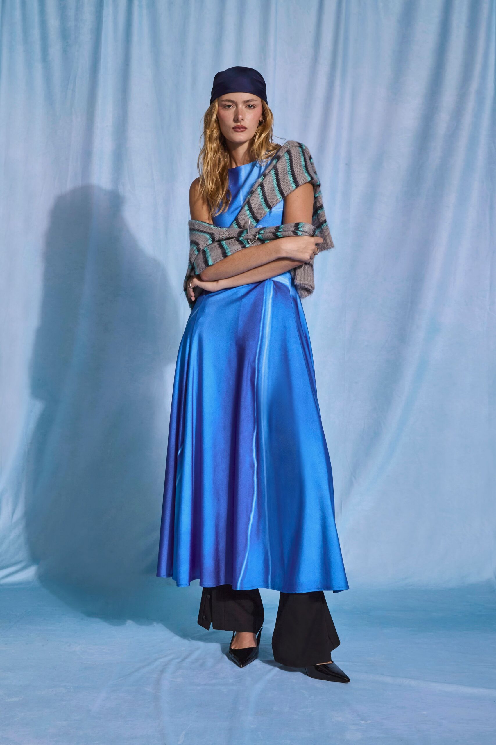 blue silk sleeveless v-neck fitted layered flowing dress