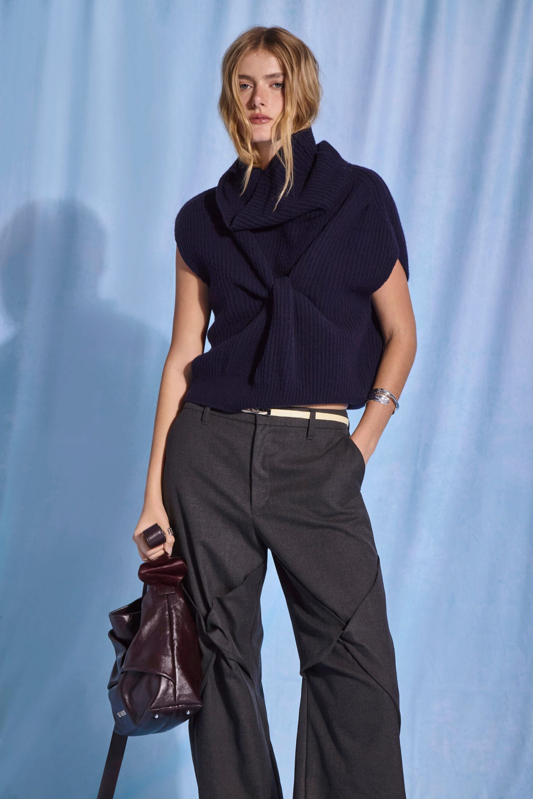 blue knit sleeveless high-neck fitted layered cropped top