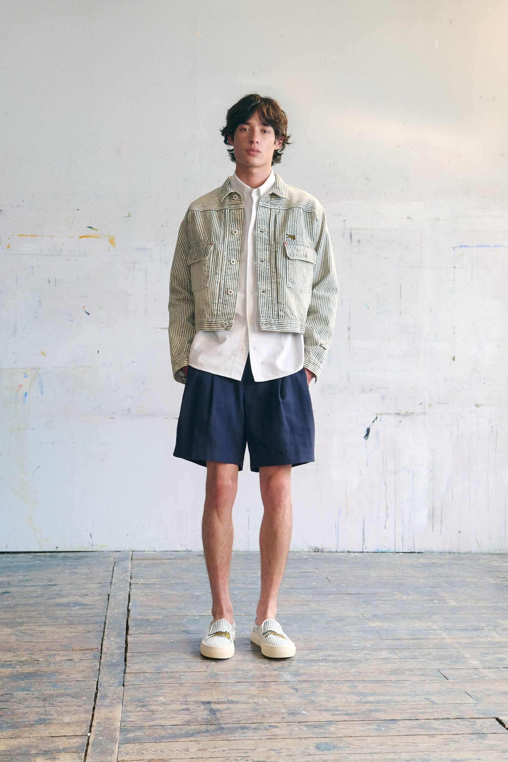 beige cotton long-sleeve collared relaxed striped jacket