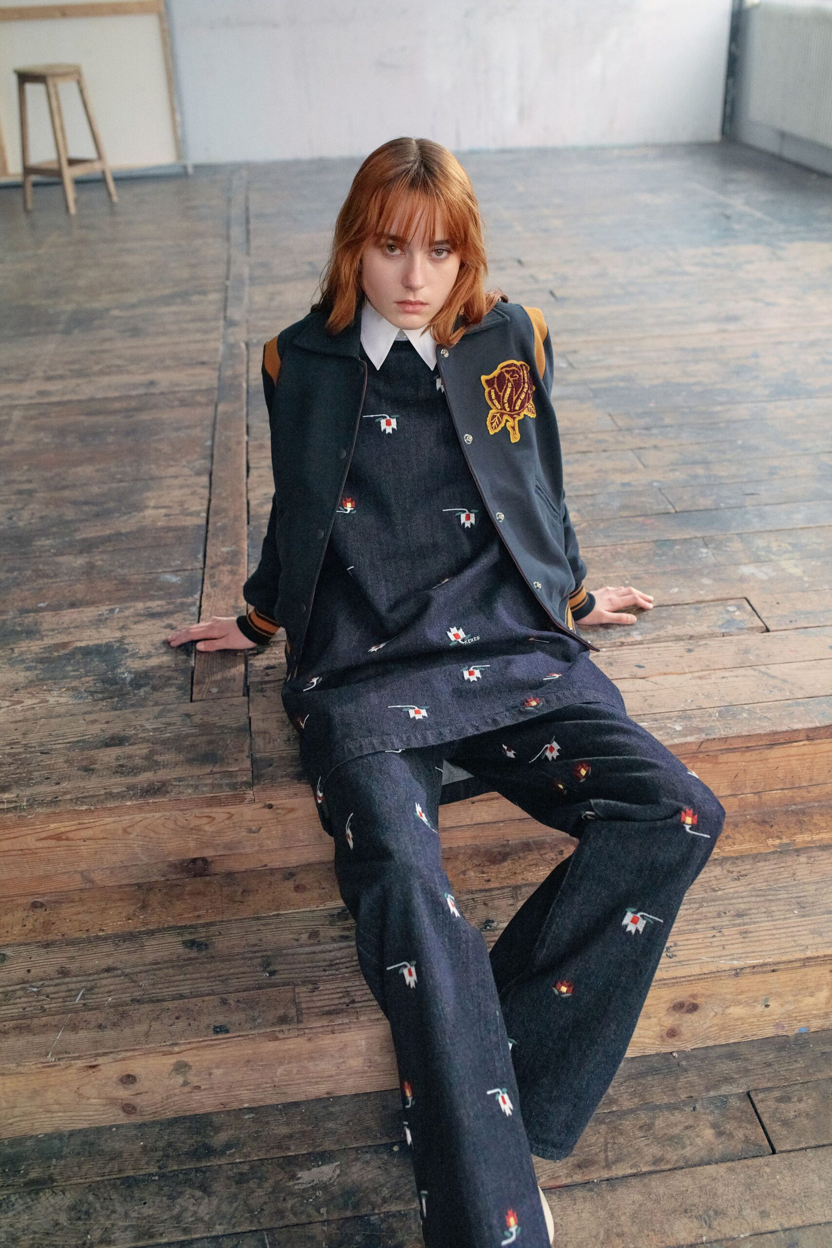 black denim long-sleeve collared relaxed embroidered jacket