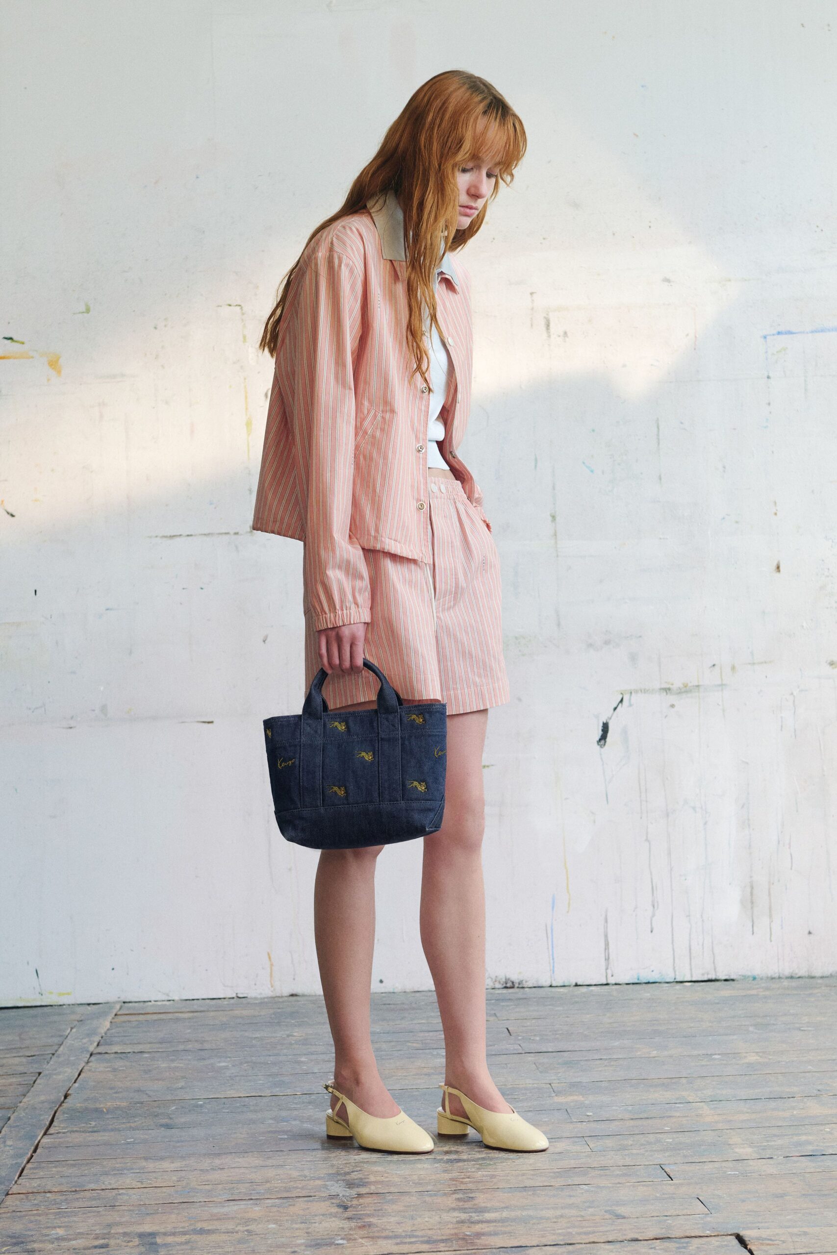 pink cotton long-sleeve collared relaxed striped jacket