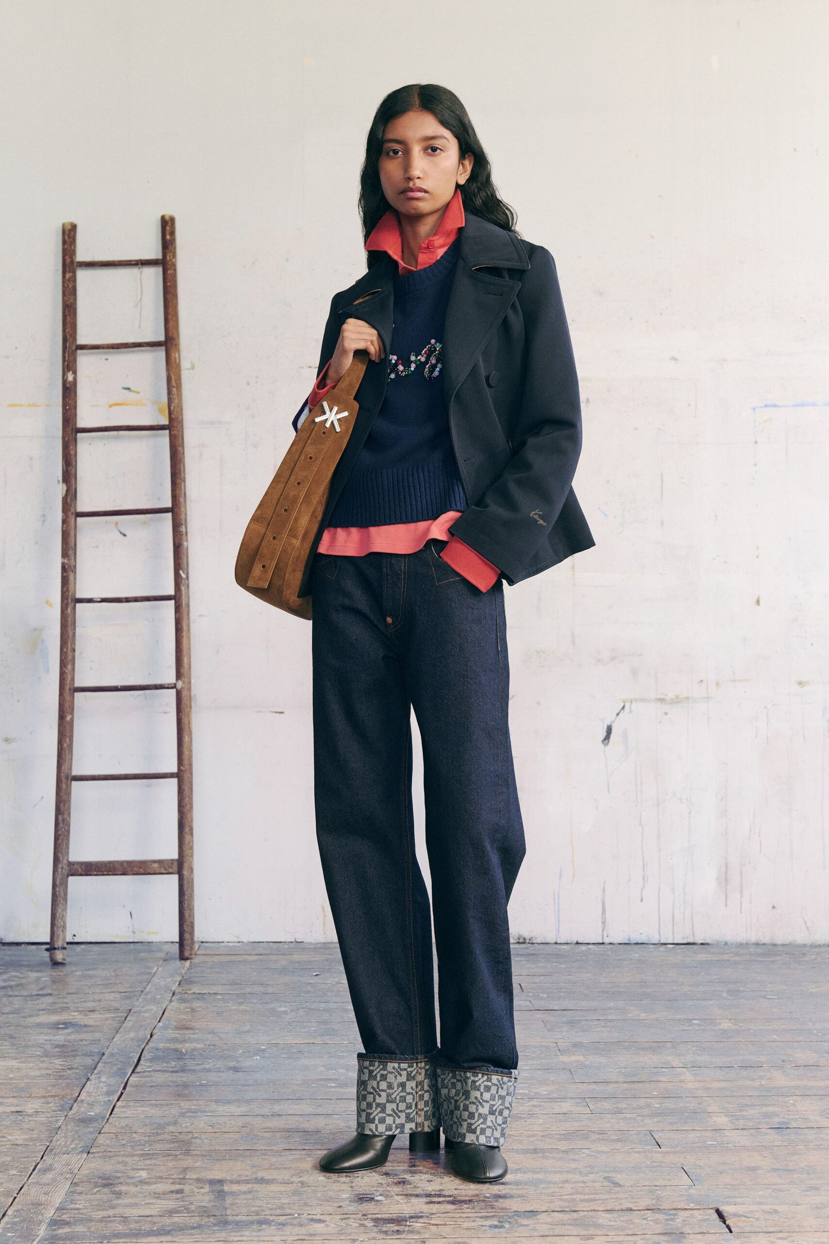 blue wool long-sleeve v-neck fitted sweater